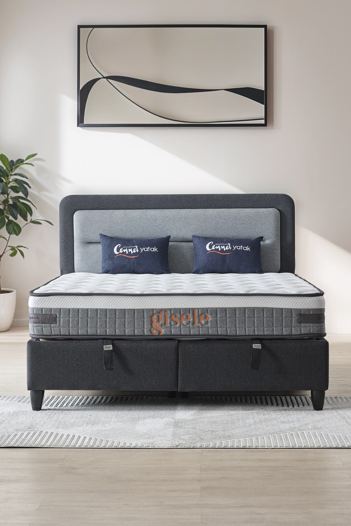 Cennet Yatak Gisele Modeli Full Ortopedik Çift Kişilik Pedli Yataklı Baza ve Başlık Takımı 3 lü Set