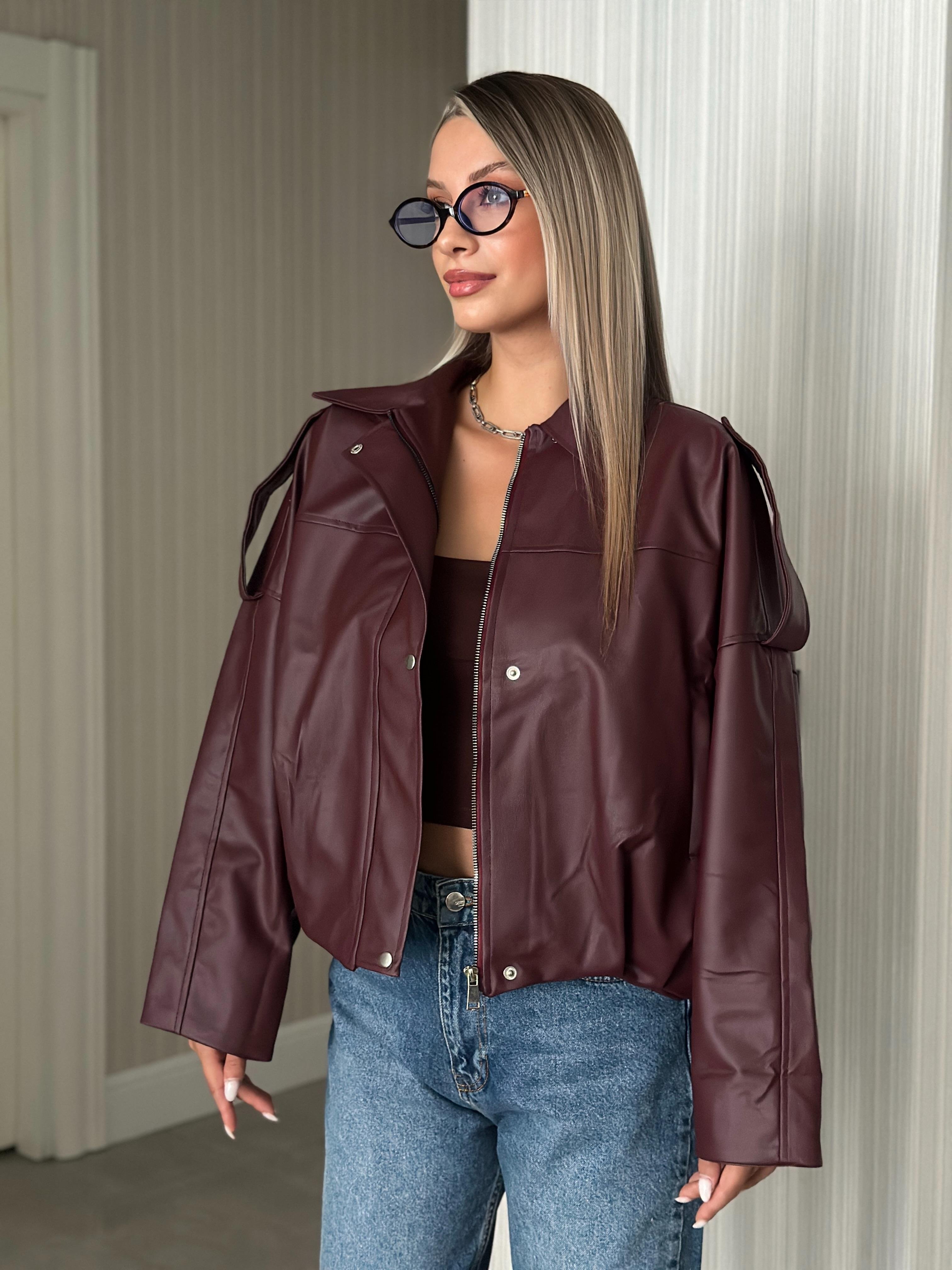 BORDO SUNİ DERİ OVERSİZE CEKET