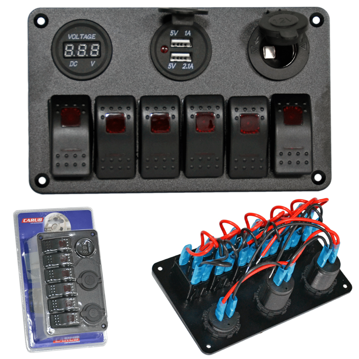 Carub Anahtar Switch Paneli 6 lı Voltmetre + USB + Çakmak Kırmızı Işıklı 18x11 cm BR4630153