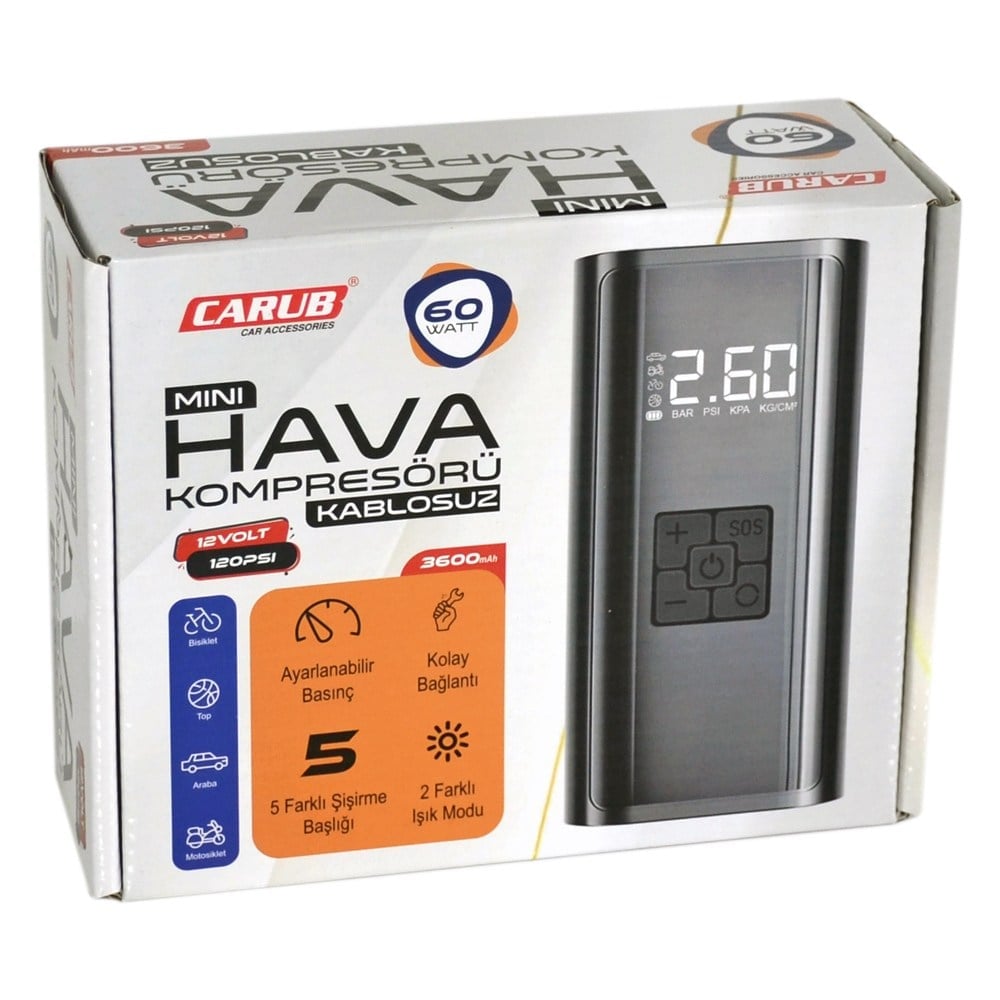 Carub Hava Kompresörü Şarjlı Kablosuz Dijital 12V 60W 120PSI 3600mAh Usb/Type C BR2491330