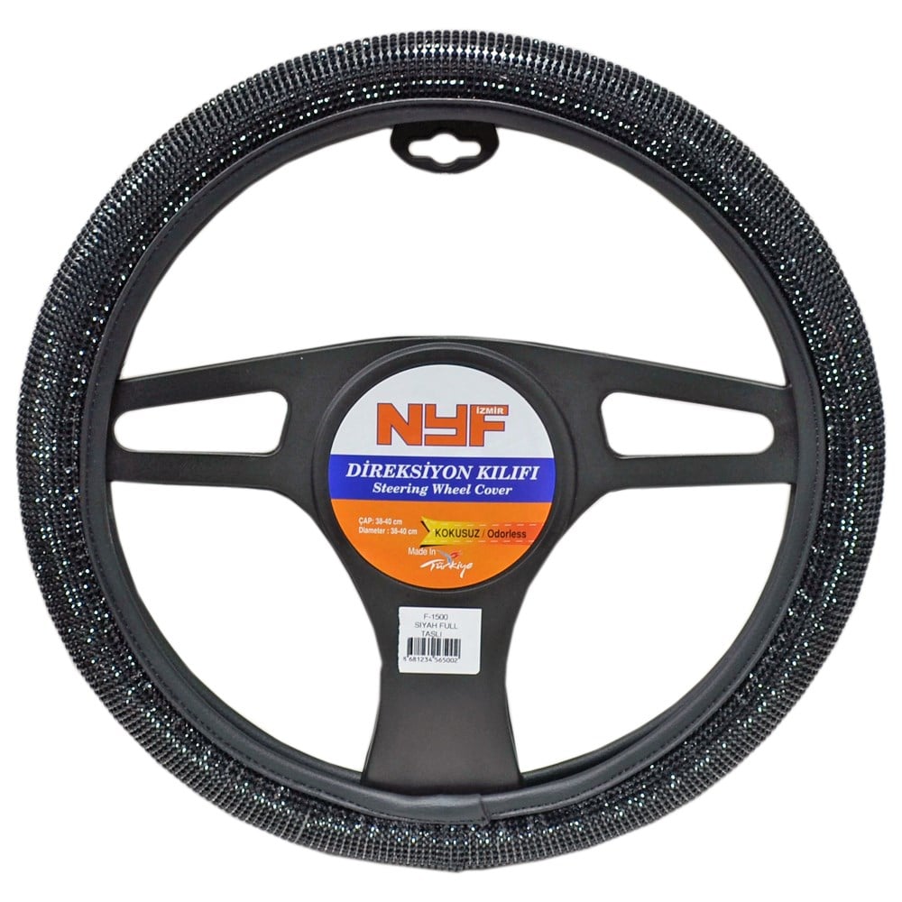 NYF F-1500 Geçmeli Direksiyon Kılıfı Taşlı Siyah Full 38 cm