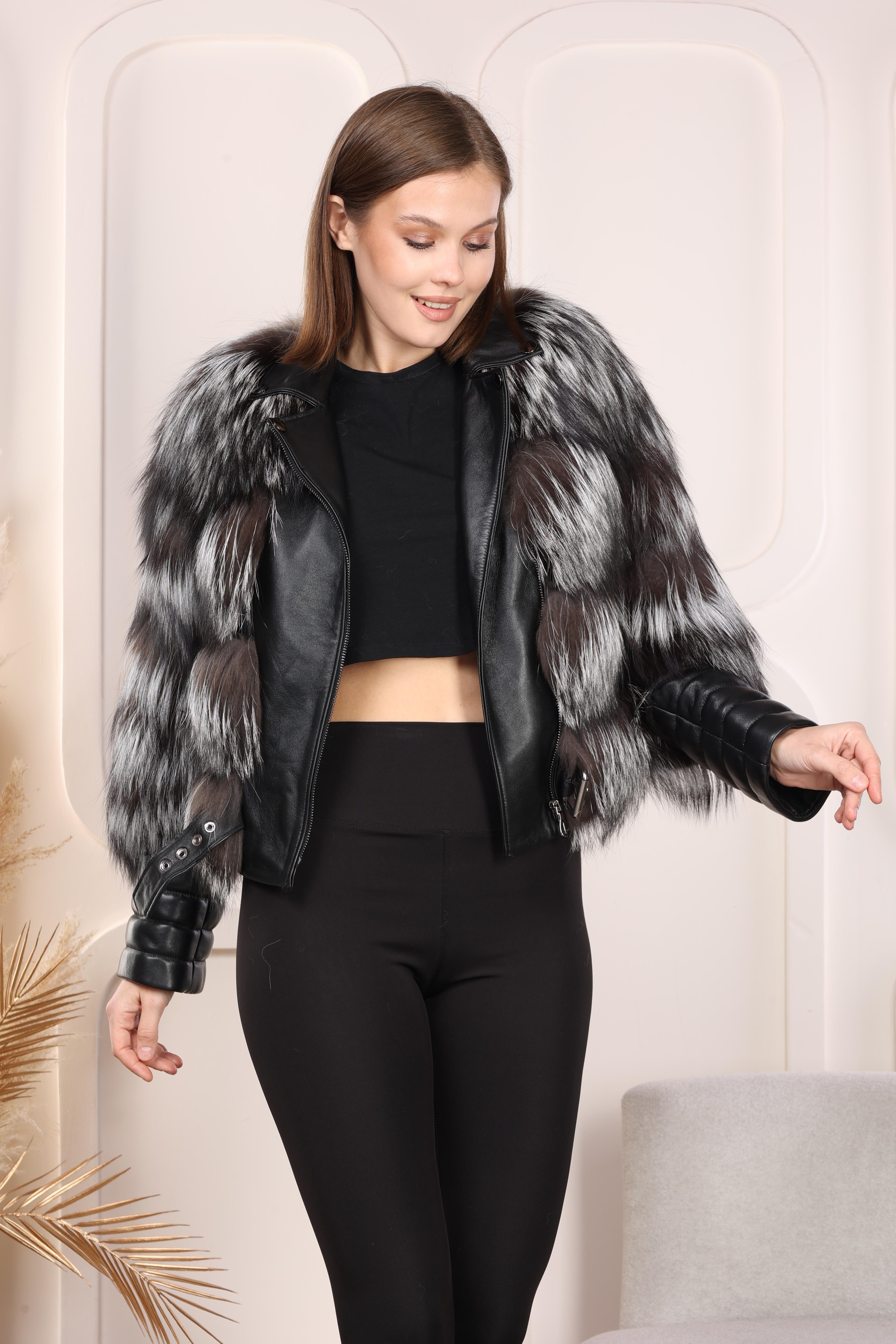 Silver short fox fur jacket with leather