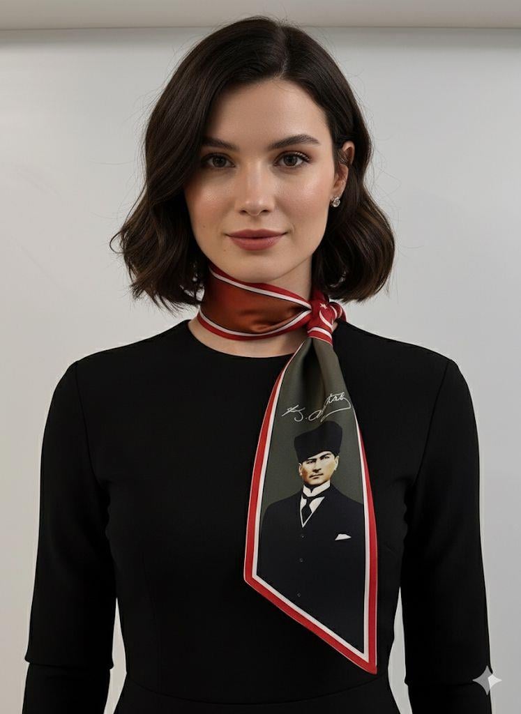 Atatürk Fotoğraflı ve İmzalı Türk Bayraklı Kravat / Eşarp / Fular