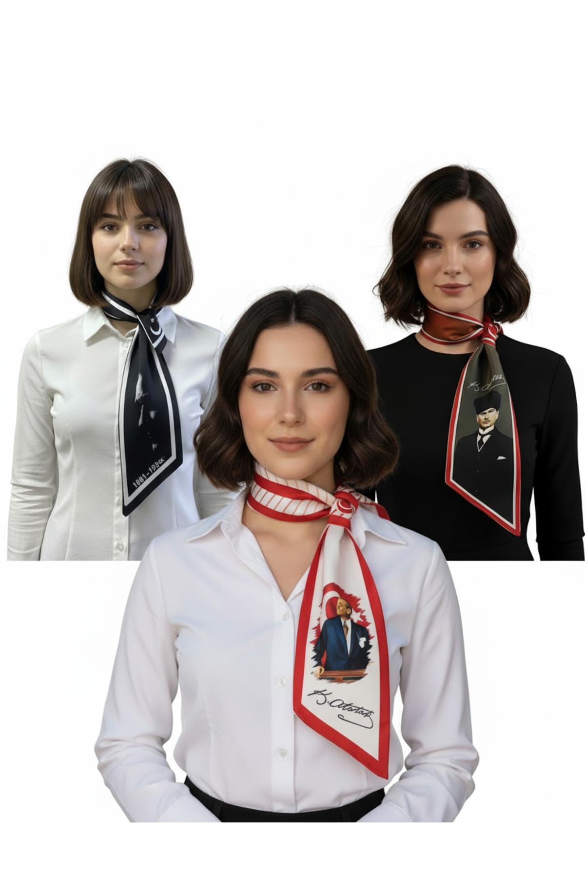 Atatürk Silüet ve İmzalı 3'lü Set Kravat / Eşarp / Fular