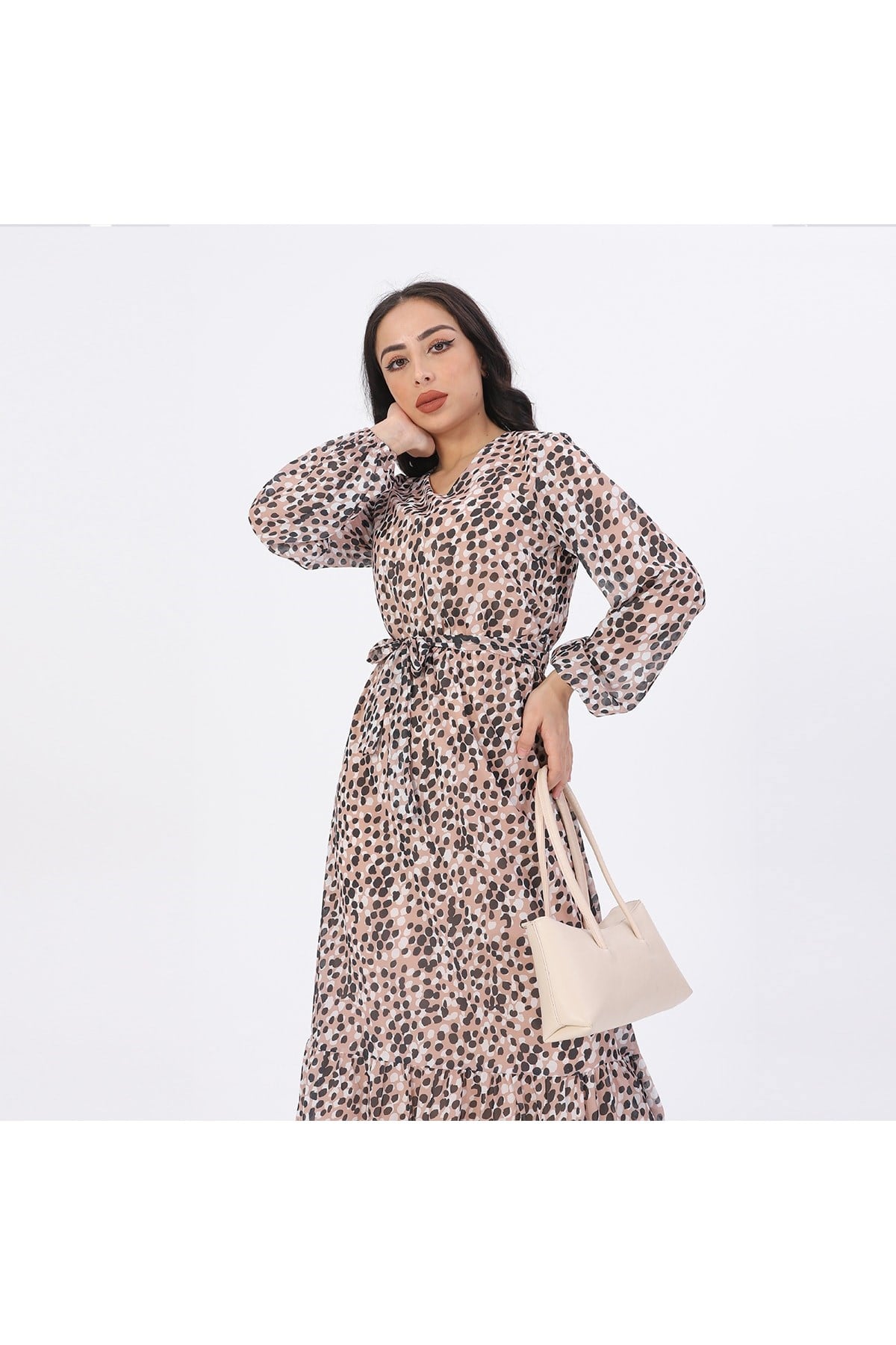 Leopar Desenli Bayan Şifon Elbise
