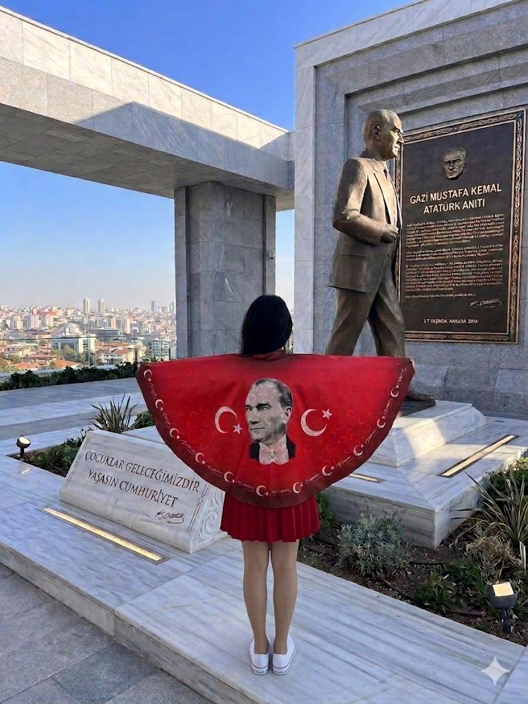 Tarzını Seç Çift Taraflı Atatürk Portre Türk Bayraklı Pelerin Gösteri Kostümü 145x73cm