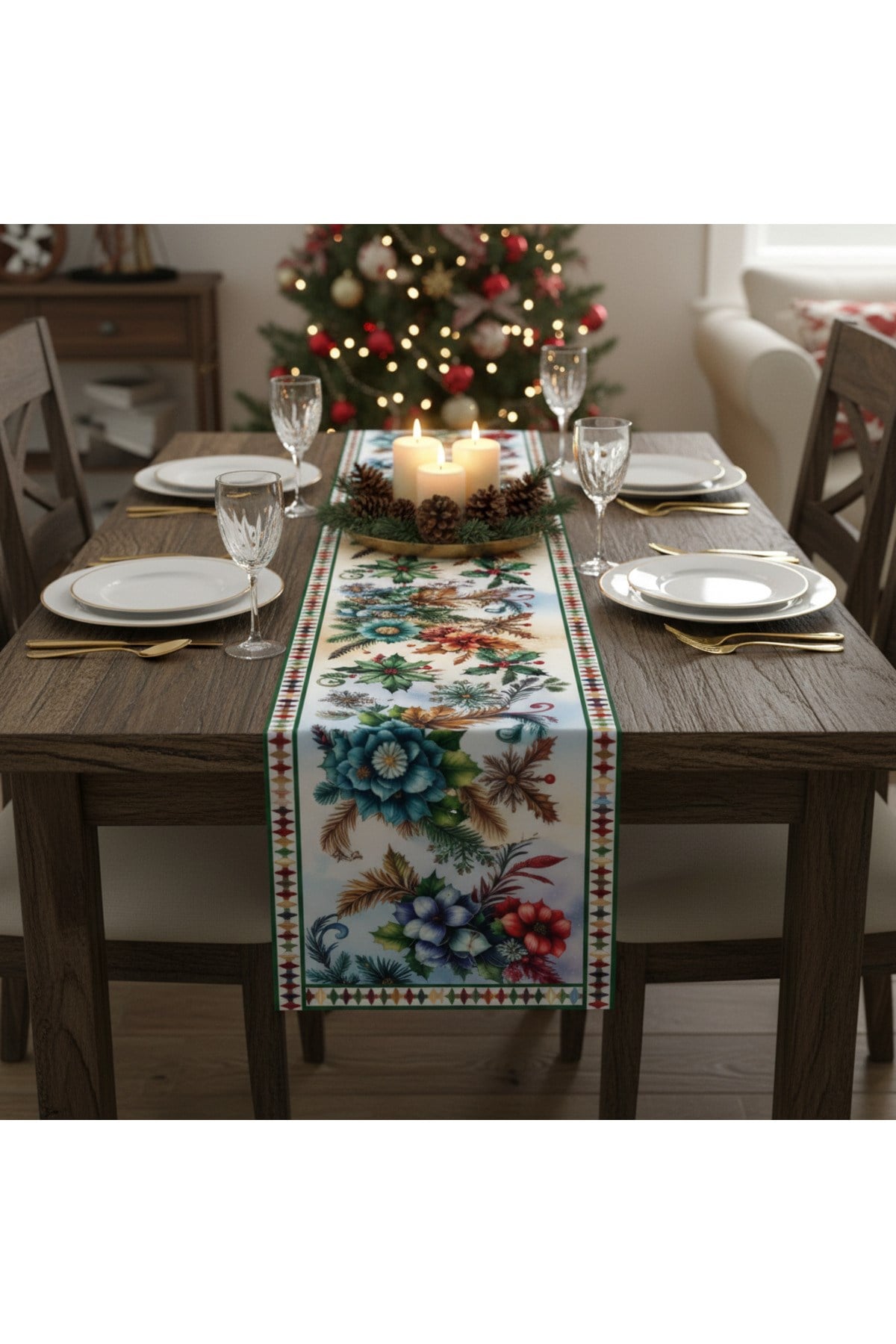 Yılbaşı Temalı Dijital Baskılı Runner Örtüsü Christmas 40x140 cm