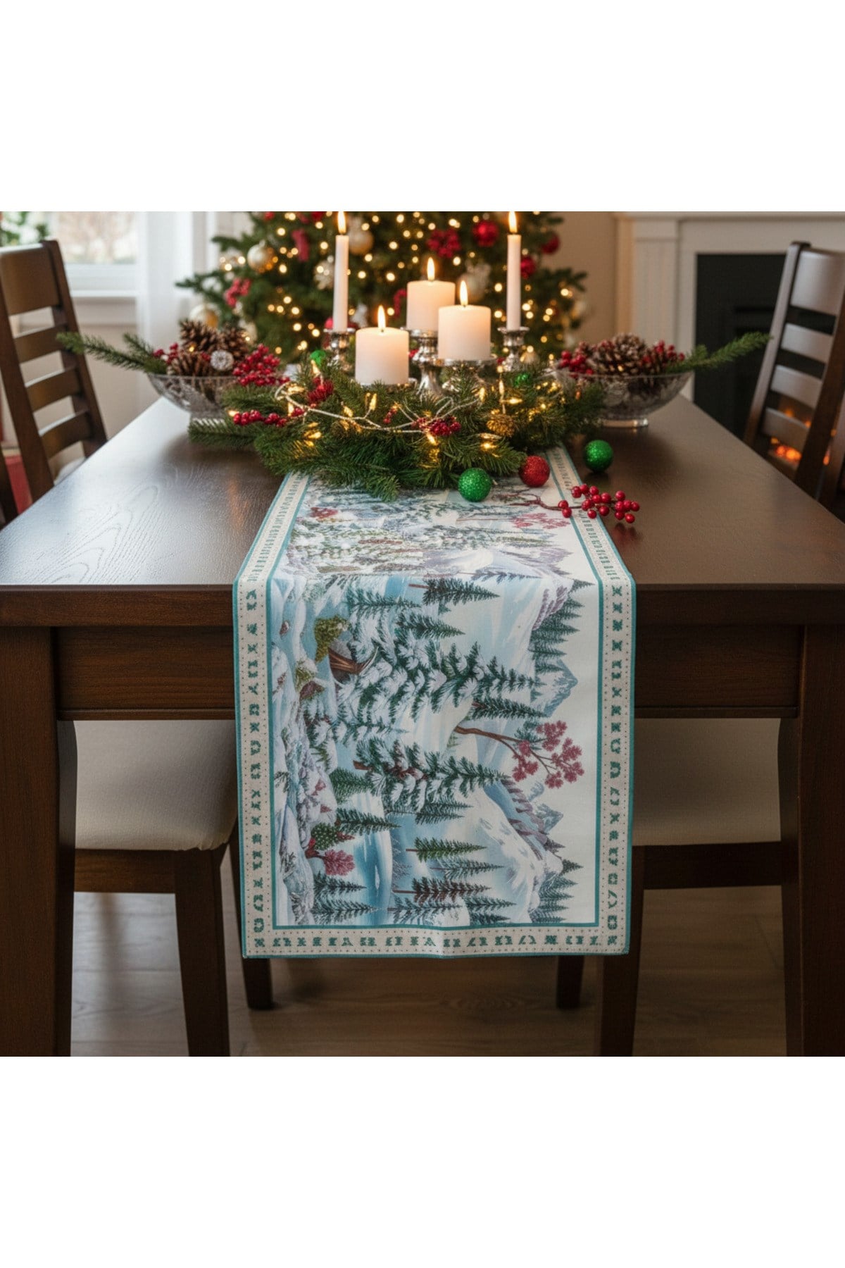 Yılbaşı Temalı Dijital Baskılı Runner Örtüsü Christmas 40x140 cm