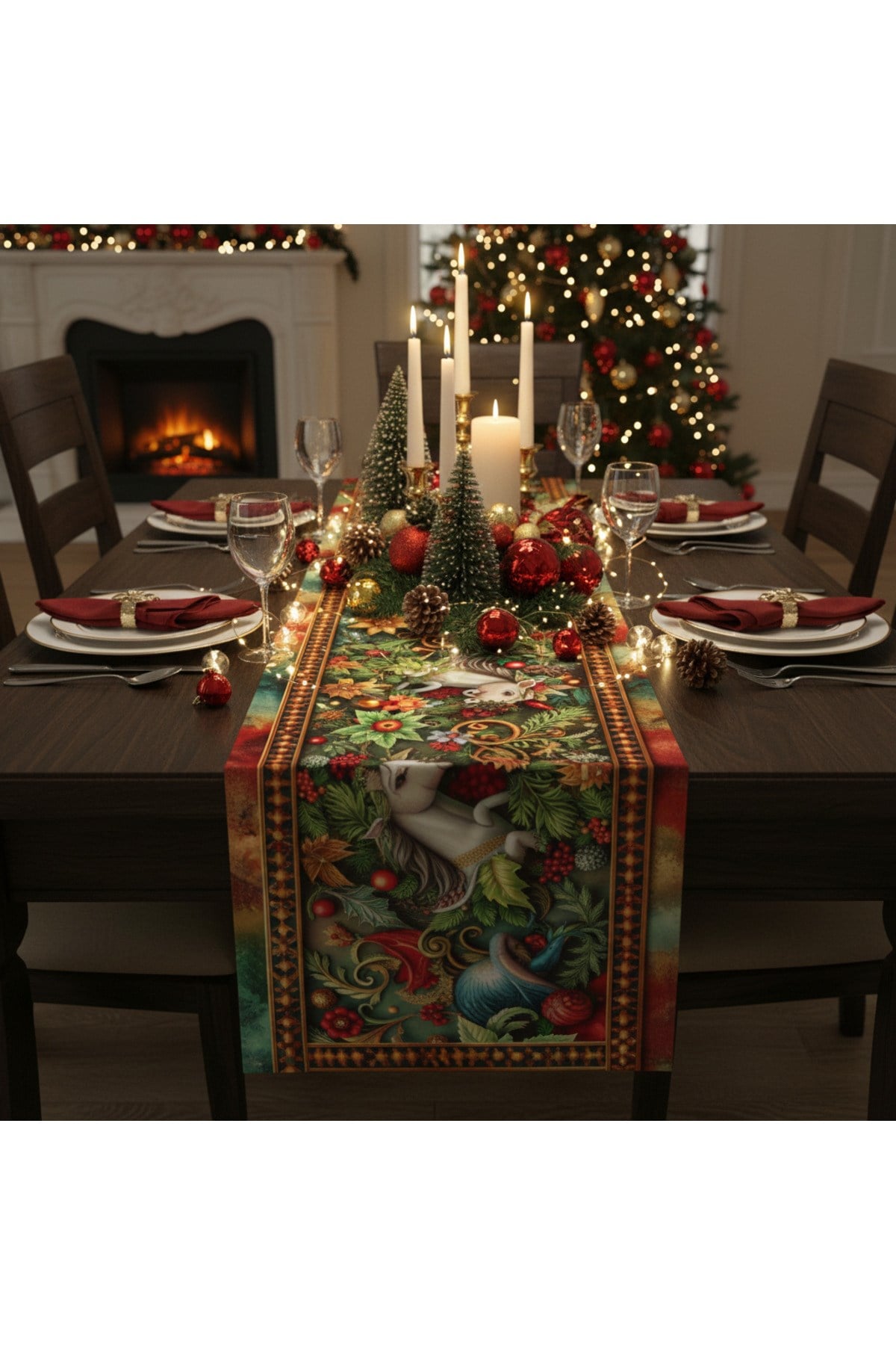 Yılbaşı Temalı Dijital Baskılı Runner Örtüsü Christmas 40x140 cm
