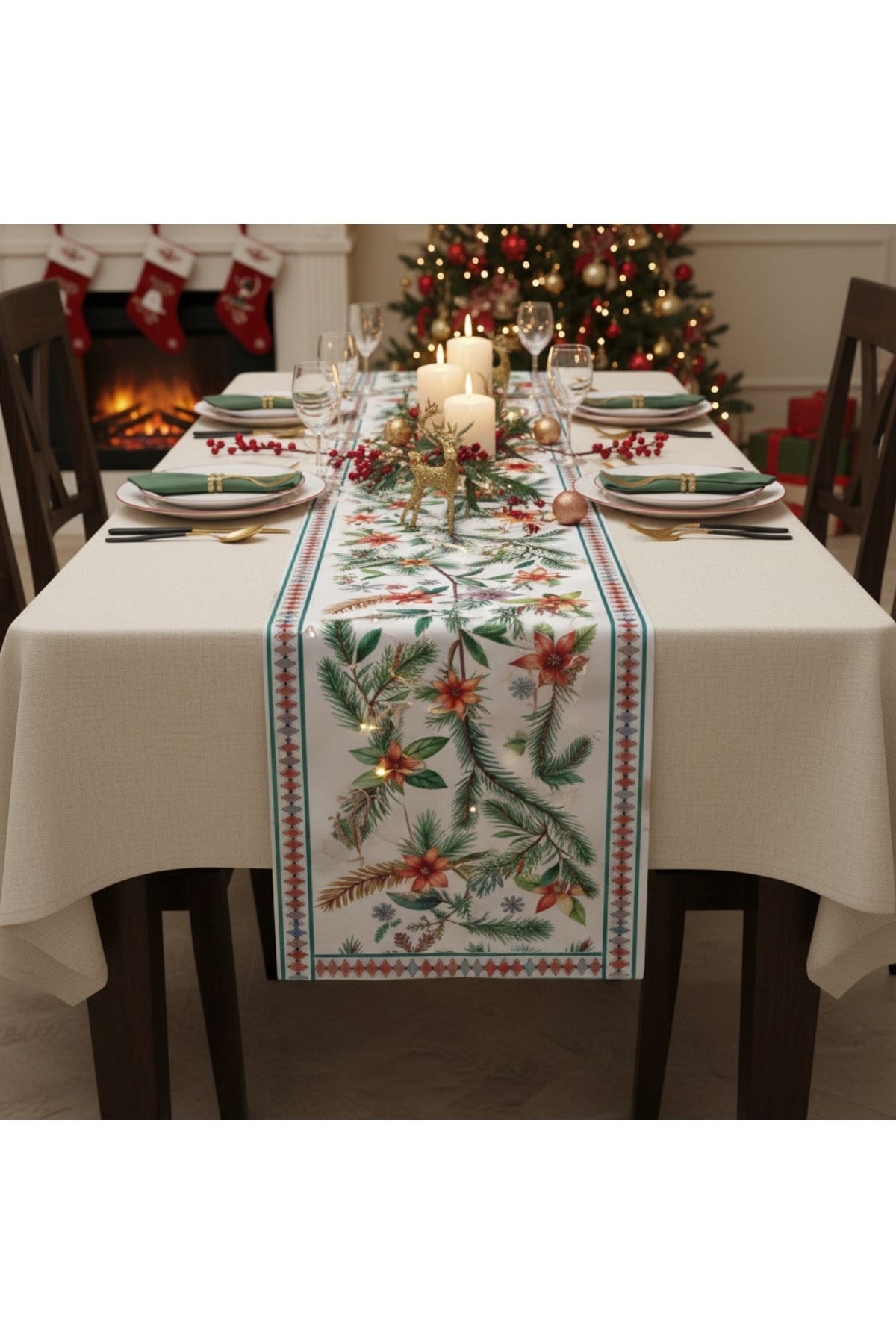 Yılbaşı Temalı Dijital Baskılı Runner Örtüsü Christmas 40x140 cm