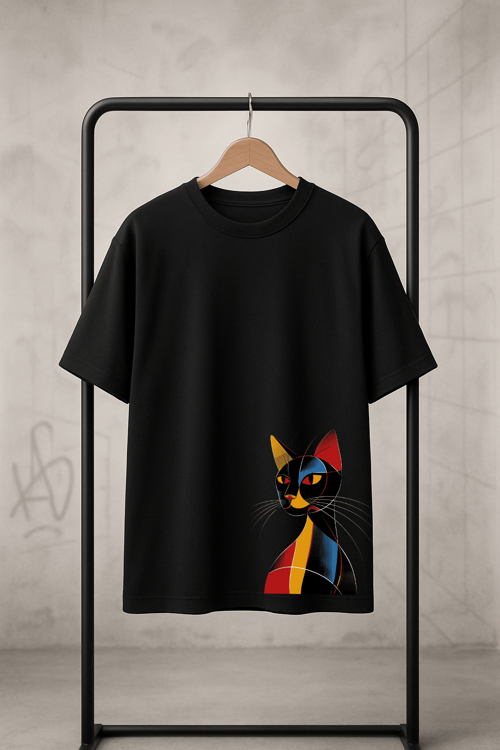'Geometric Cat' Siyah Oversize Tişört
