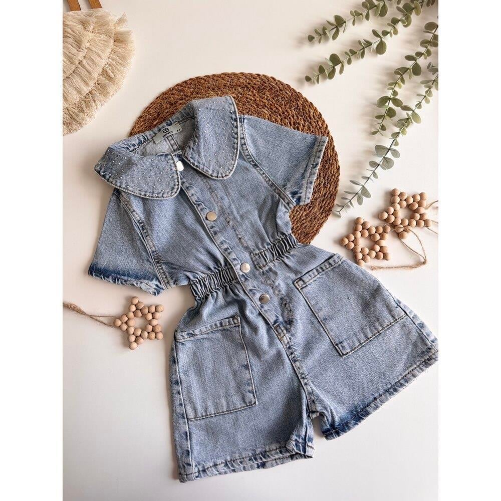 Yaka Detaylı Denim Tulum
