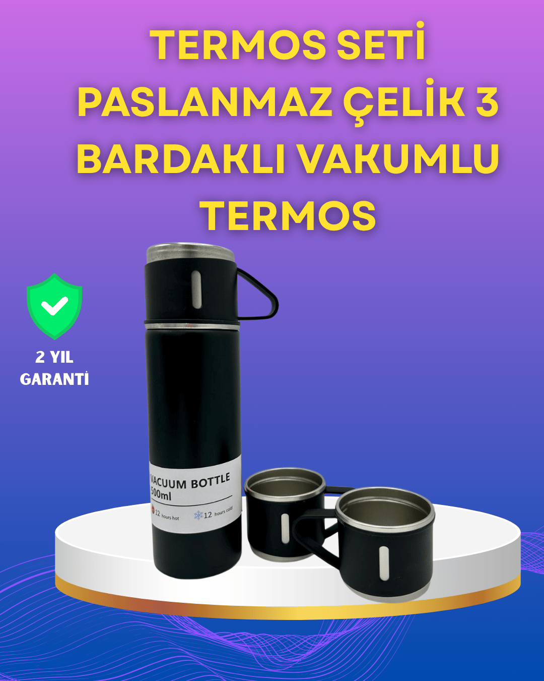 304 Çelik Termos Seti | 2 Bardaklı, 500 ml, Uzun Süre Isı Koruma