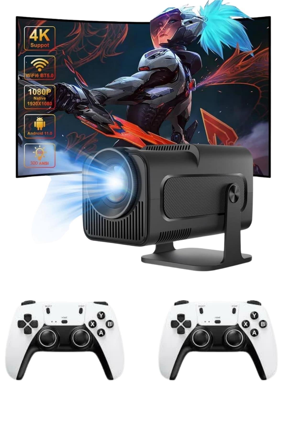 Çift Kollu Game Box Projeksiyon Cihazı Kumandalı Android Tv Dahili Hoparlör