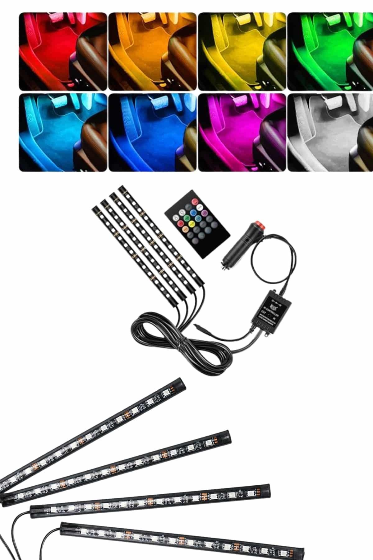 RGB Işıklı Araç İçi Aydınlatma Kumandalı 12'li Led Işık Renk Değiştirebilen