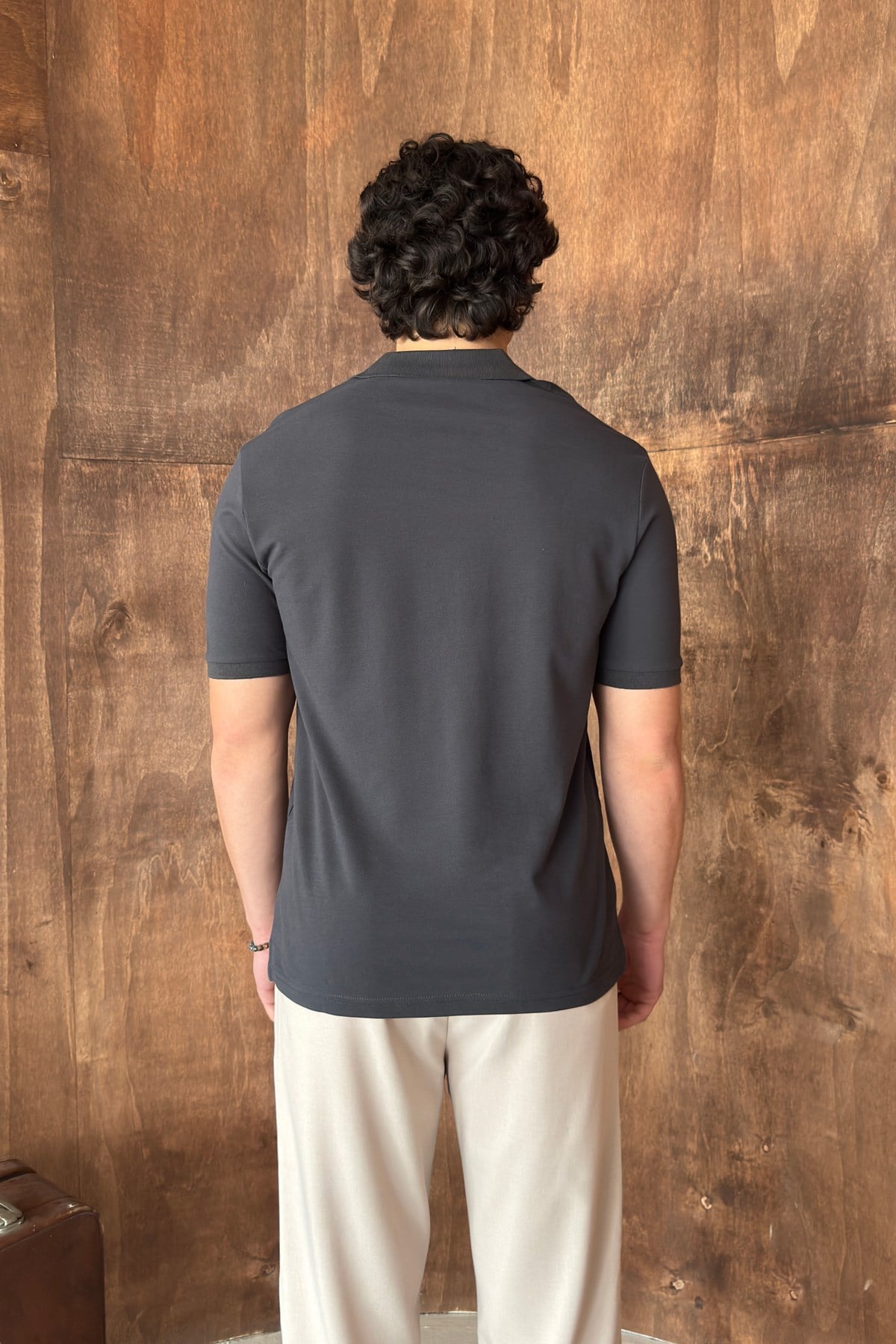 Erkek %100 Pamuk Düğmeli Polo Yaka T-Shirt Antrasit
