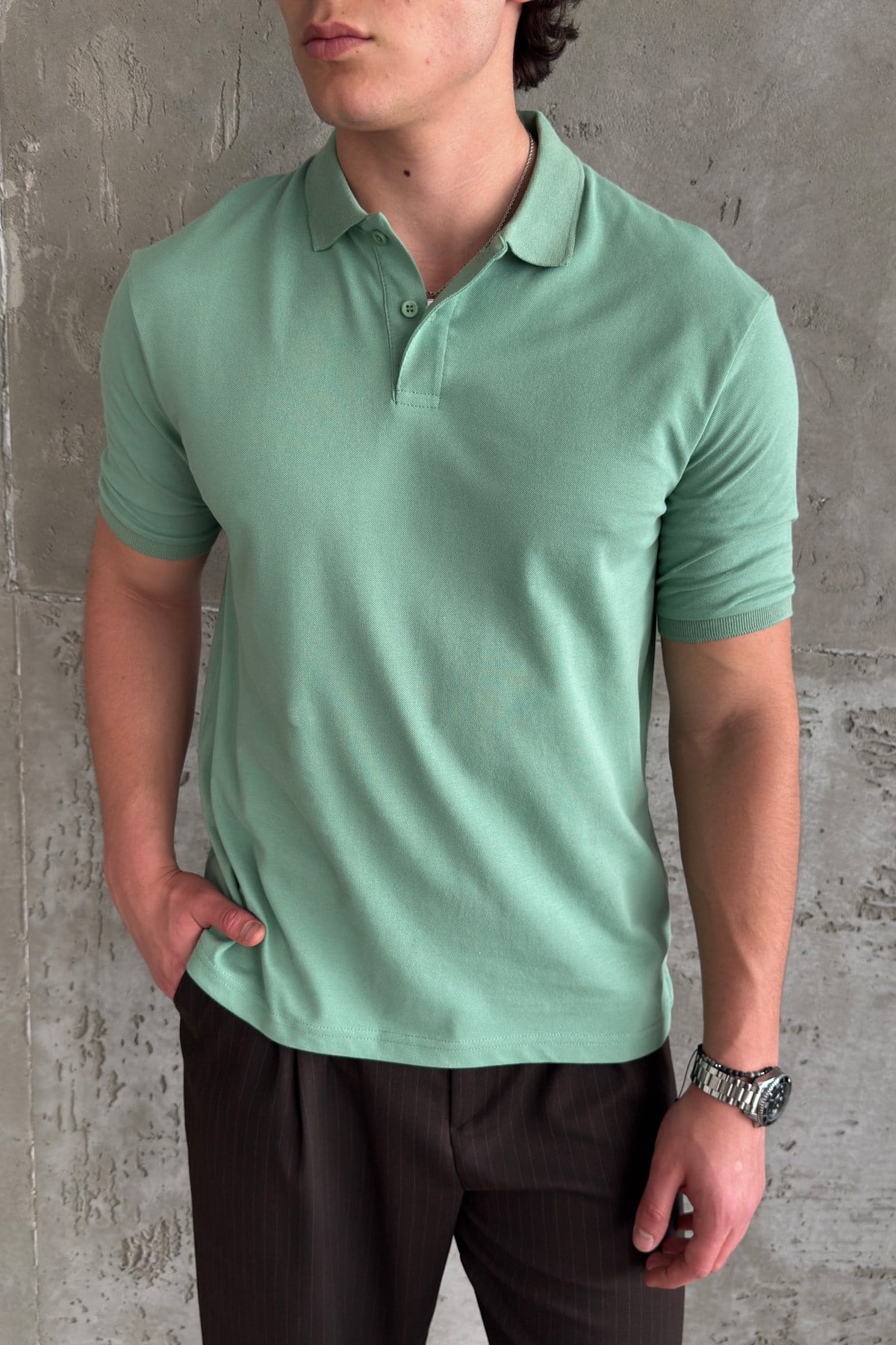 Erkek %100 Pamuk Düğmeli Polo Yaka T-Shirt Yeşil