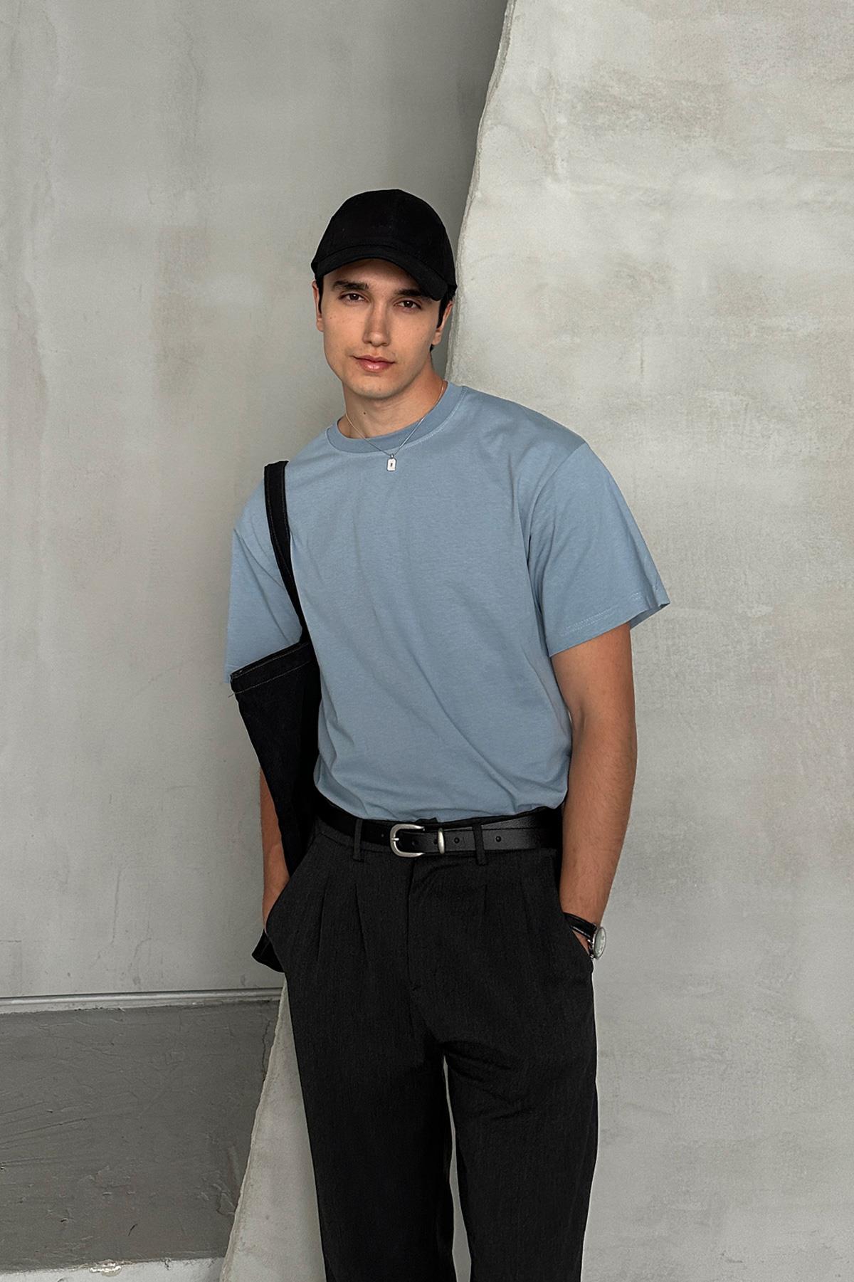 Erkek %100 Pamuk Oversize Basic T-shirt Açık Mavi