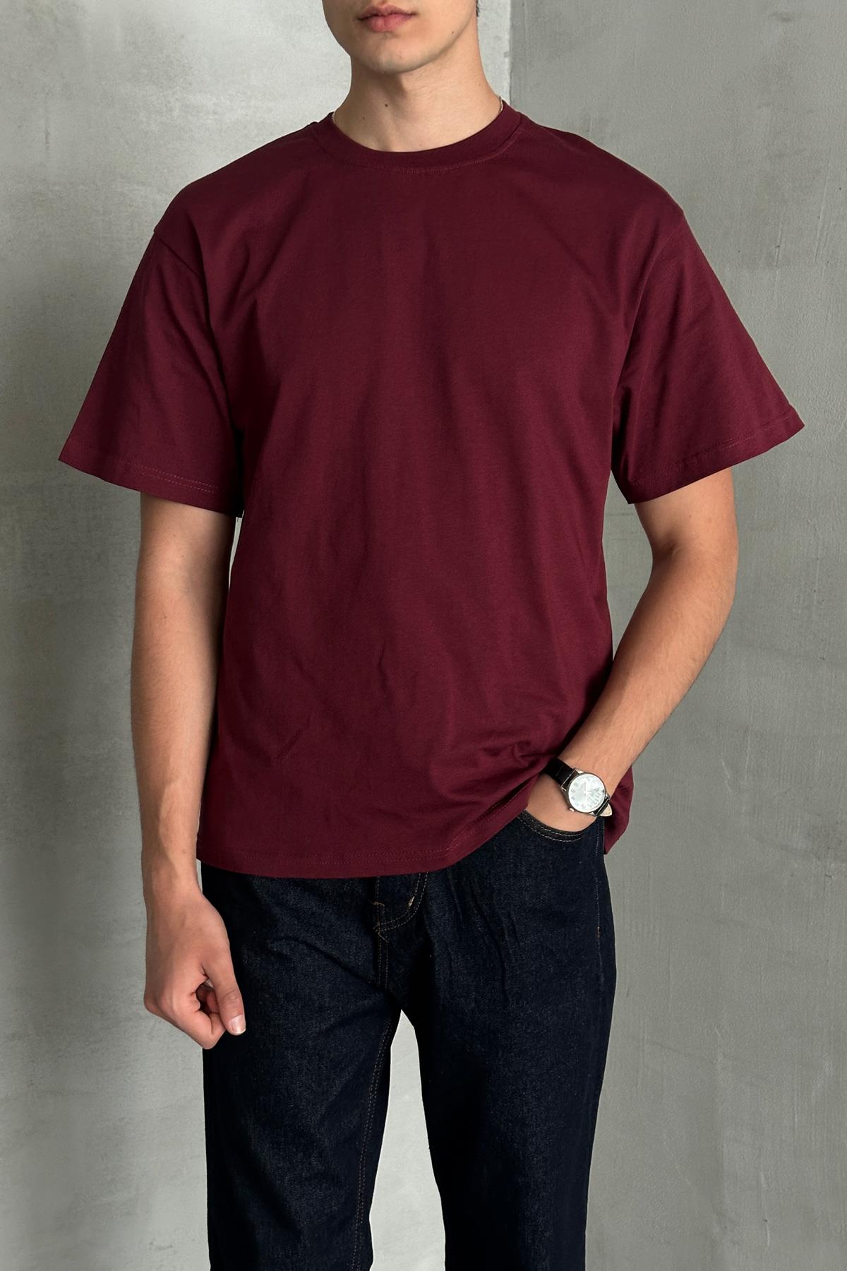Erkek %100 Pamuk Oversize Basic T-shirt Bordo