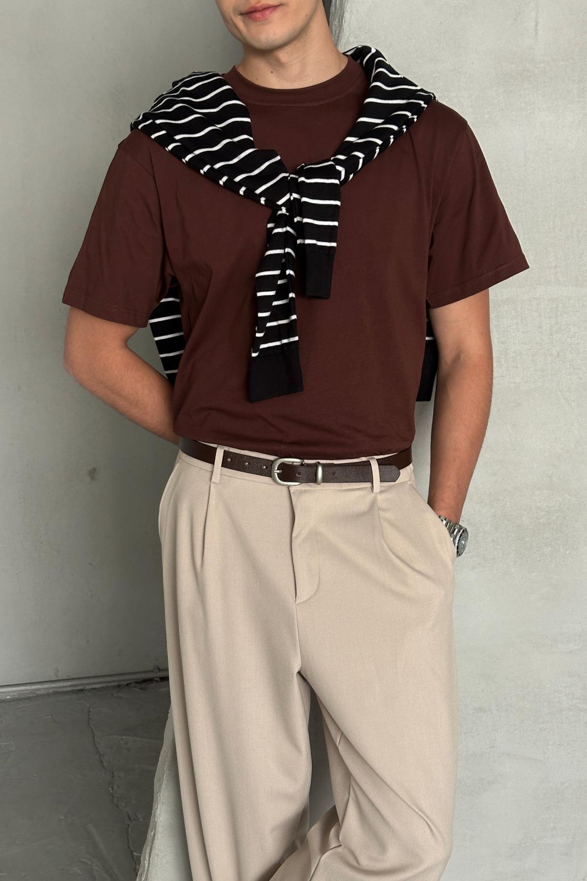 Erkek %100 Pamuk Oversize Basic T-shirt Koyu Kahve