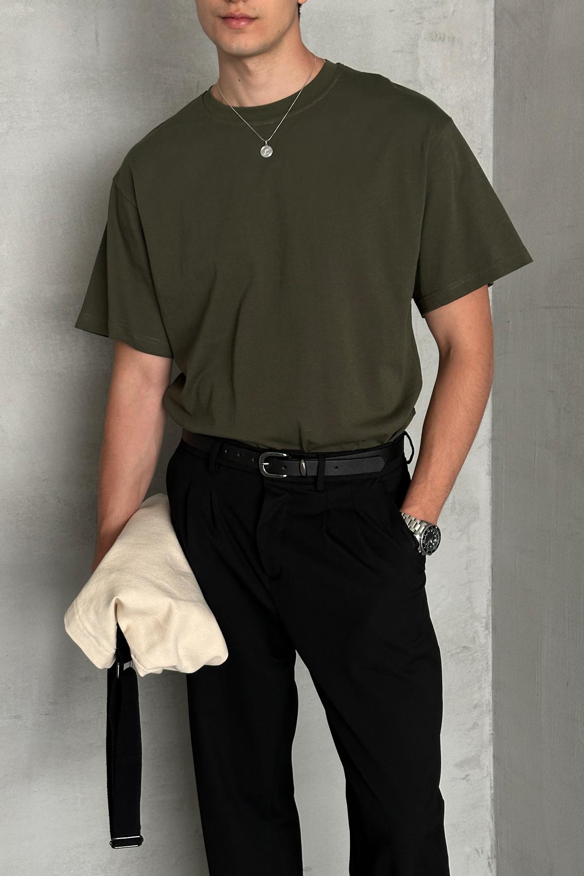 Erkek %100 Pamuk Oversize Basic T-shirt Yeşil