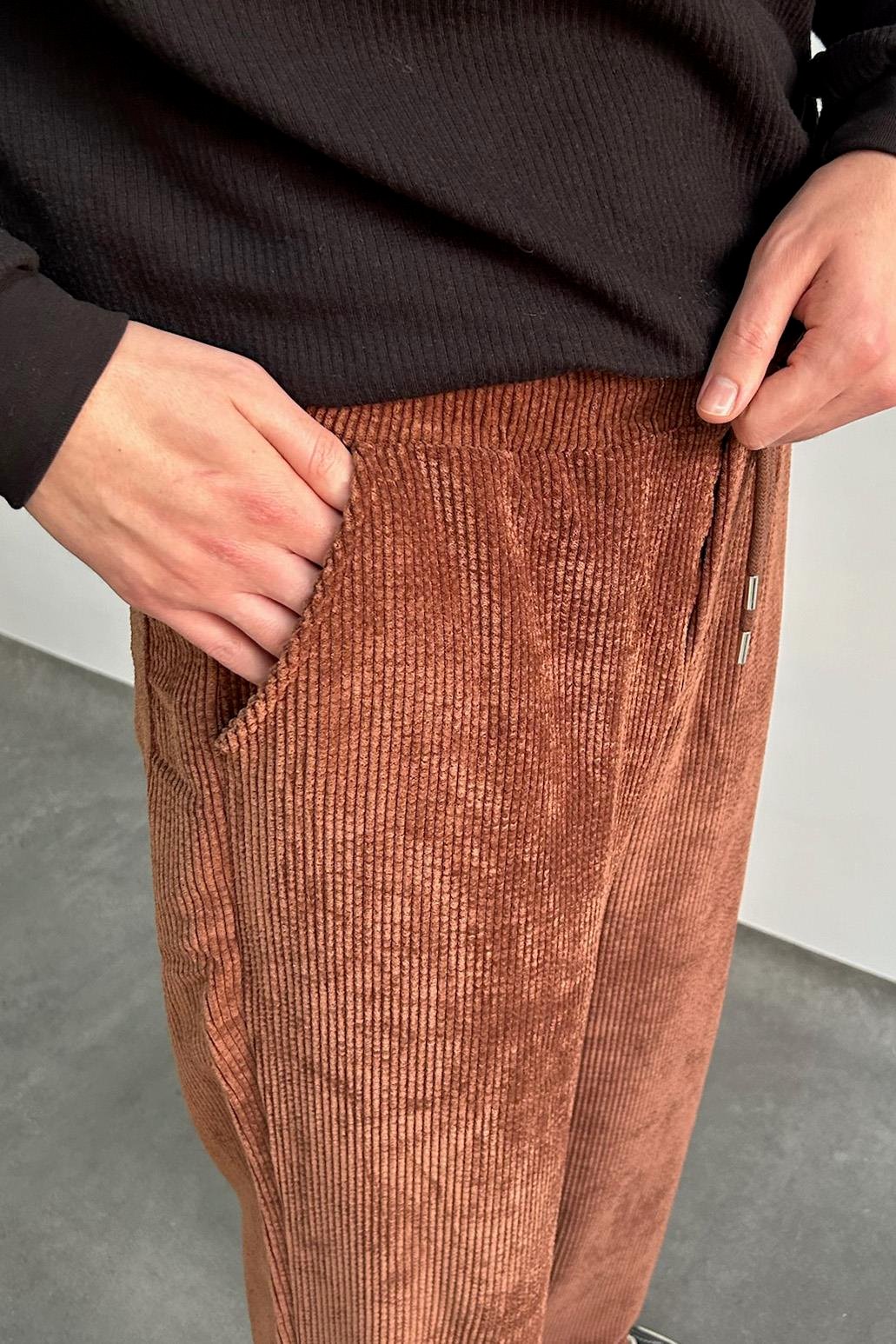 Erkek Beli Lastikli Baggy Kalıp Kadife Pantolon KAHVERENGİ
