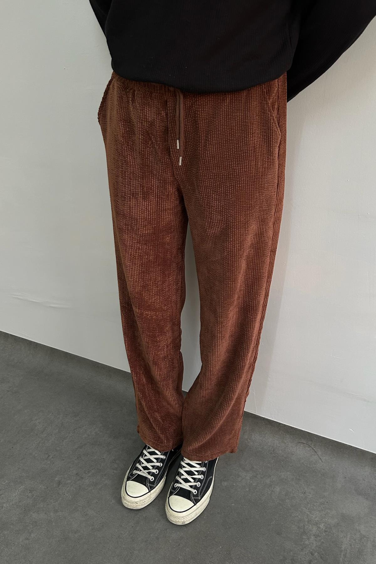 Erkek Beli Lastikli Baggy Kalıp Kadife Pantolon KAHVERENGİ