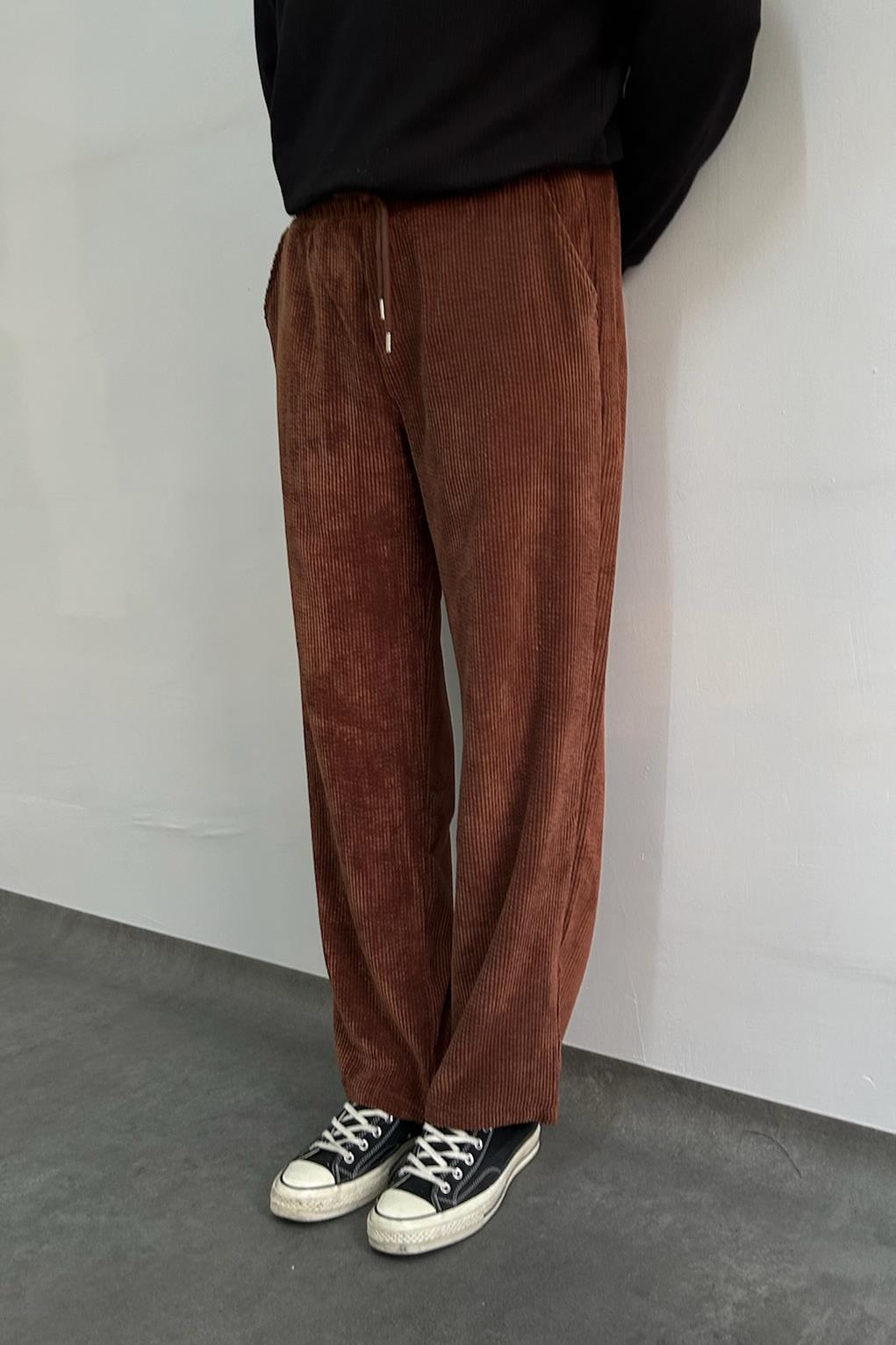 Erkek Beli Lastikli Baggy Kalıp Kadife Pantolon KAHVERENGİ