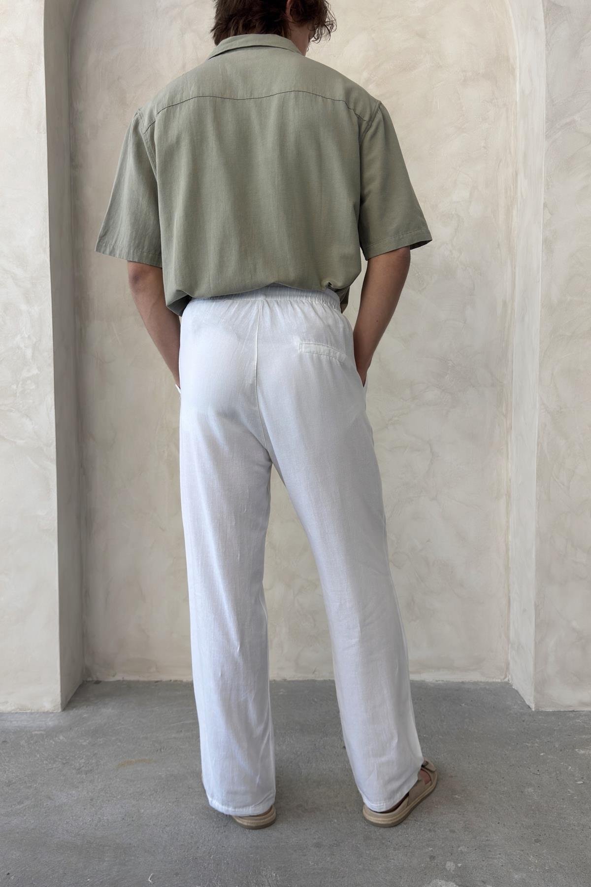 Erkek Beli Lastikli Baggy Kalıp Keten Pantolon Beyaz