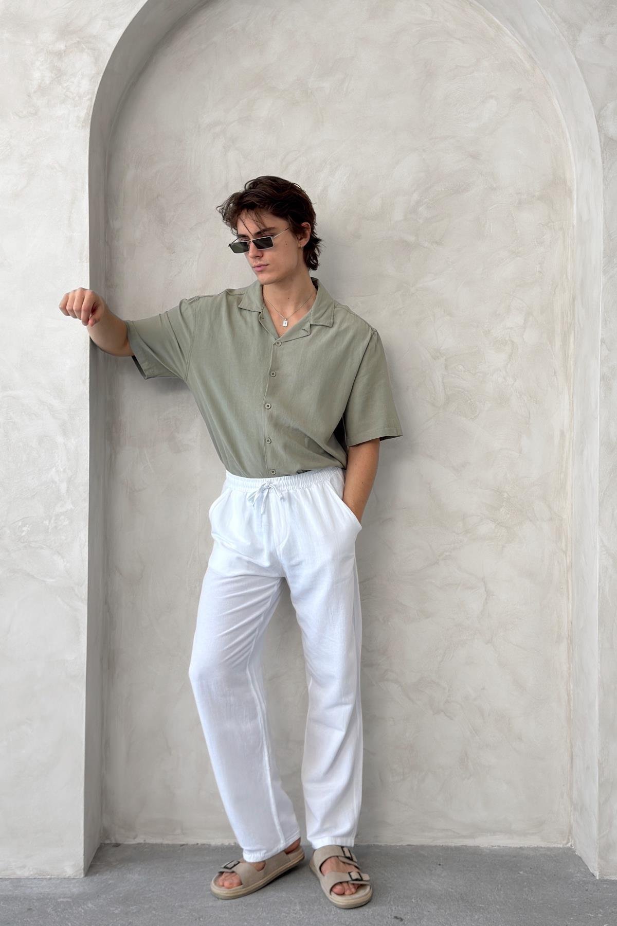 Erkek Beli Lastikli Baggy Kalıp Keten Pantolon Beyaz