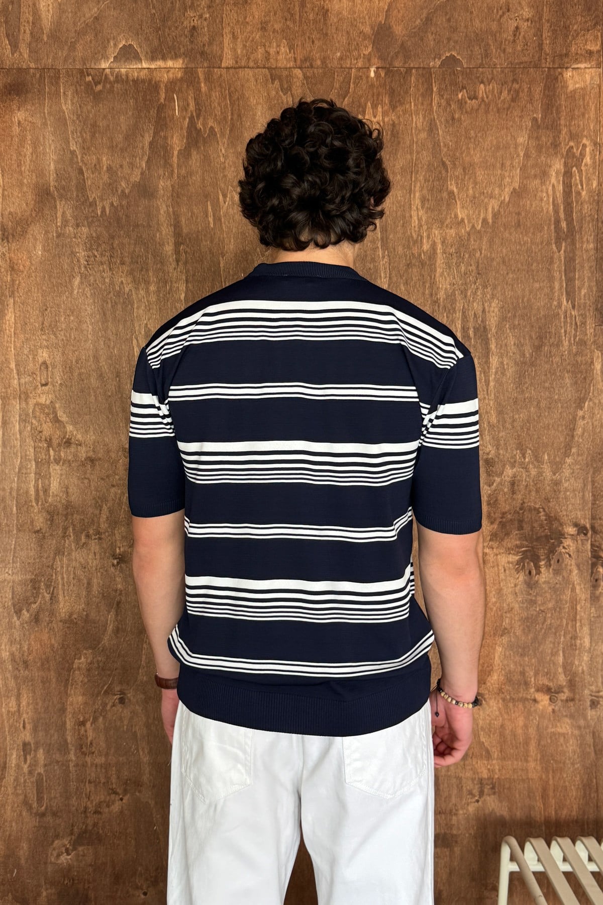Erkek Bisiklet Yaka Oversize Çizgili Triko T-shirt Lacivert