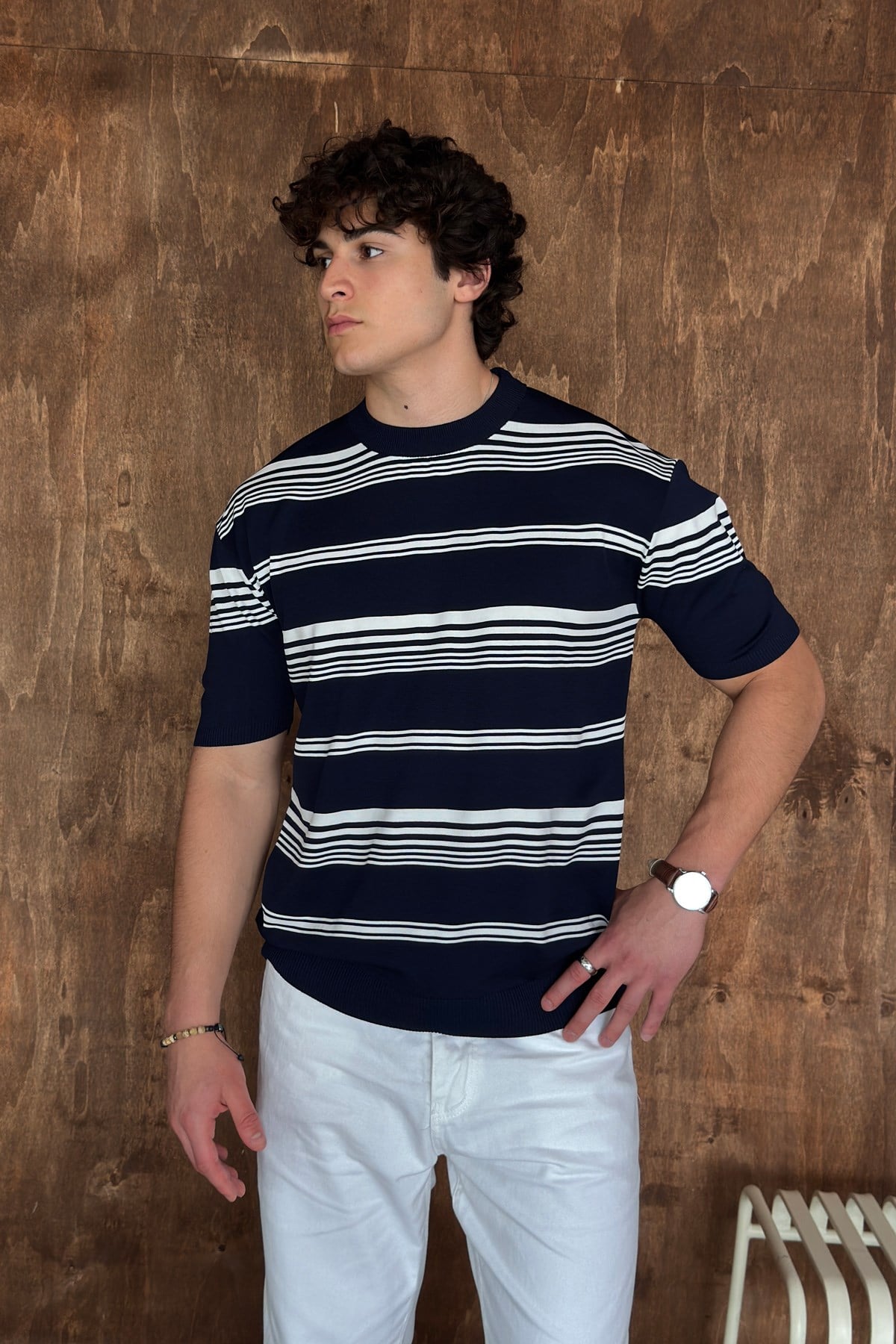 Erkek Bisiklet Yaka Oversize Çizgili Triko T-shirt Lacivert