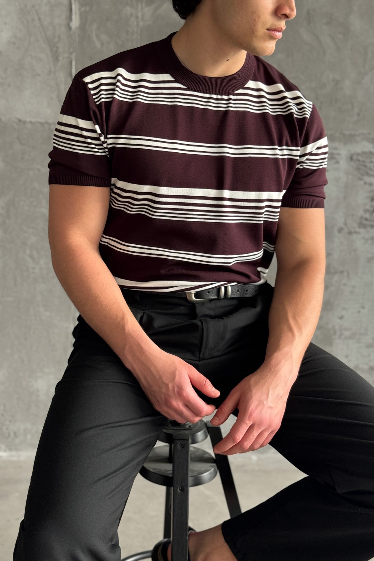 Erkek Bisiklet Yaka Oversize Çizgili Triko T-shirt Bordo