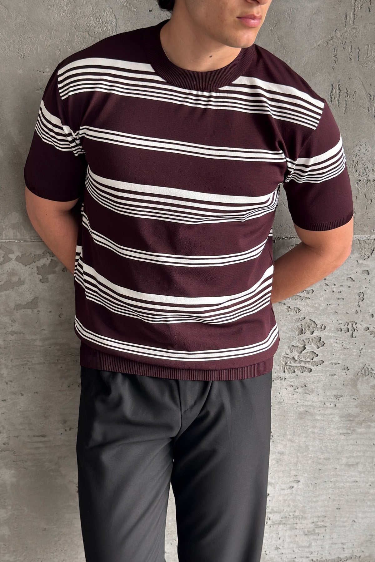 Erkek Bisiklet Yaka Oversize Çizgili Triko T-shirt Bordo