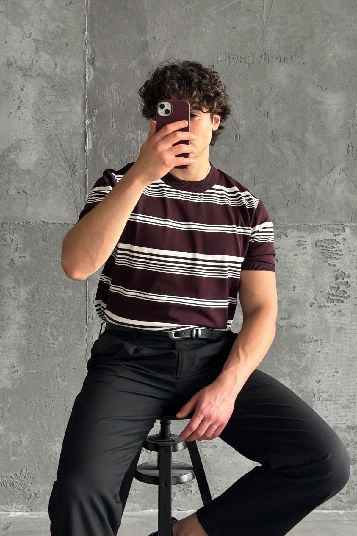 Erkek Bisiklet Yaka Oversize Çizgili Triko T-shirt Bordo
