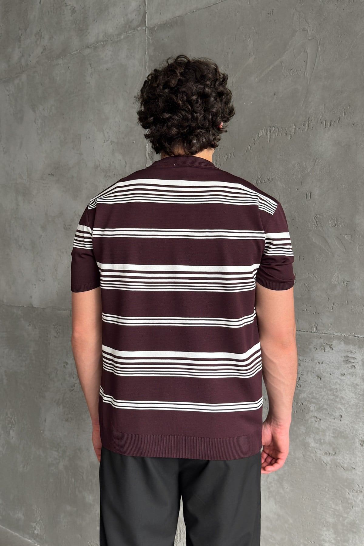 Erkek Bisiklet Yaka Oversize Çizgili Triko T-shirt Bordo