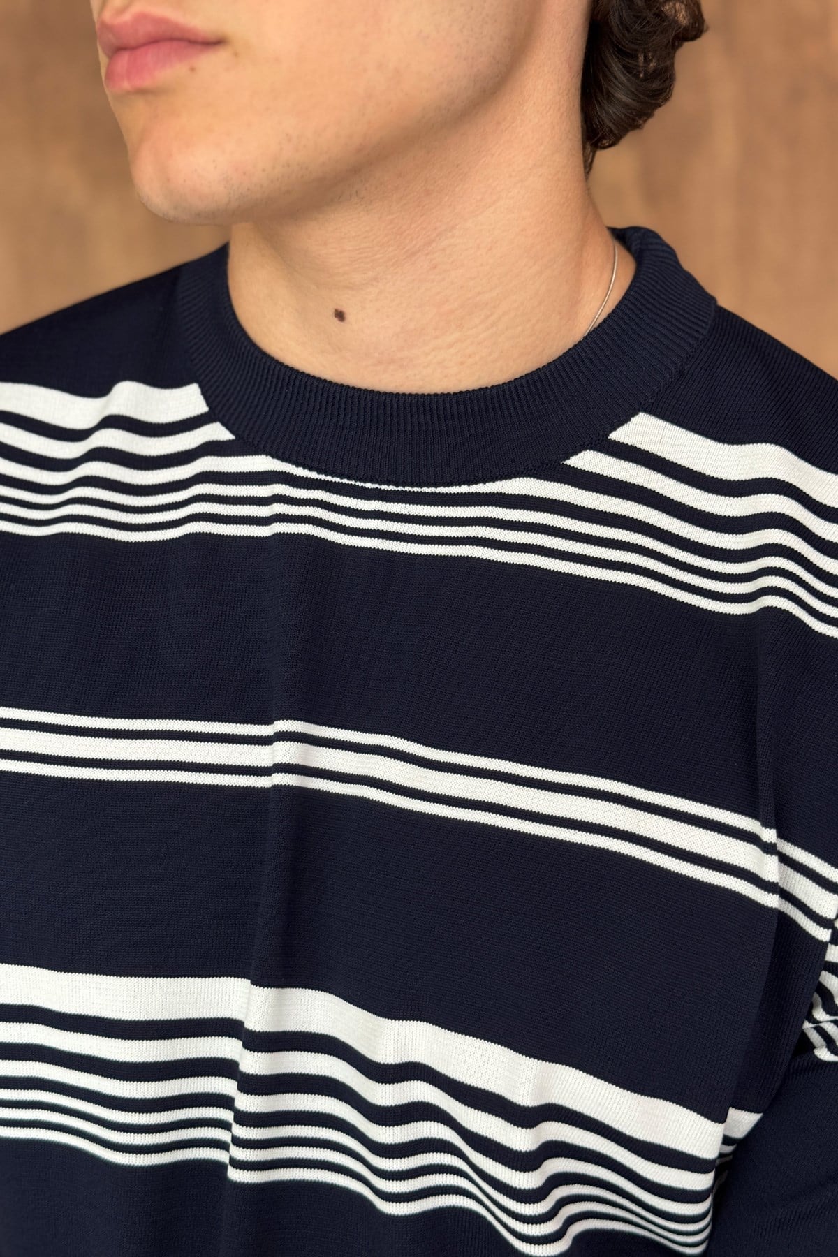 Erkek Bisiklet Yaka Oversize Çizgili Triko T-shirt Lacivert