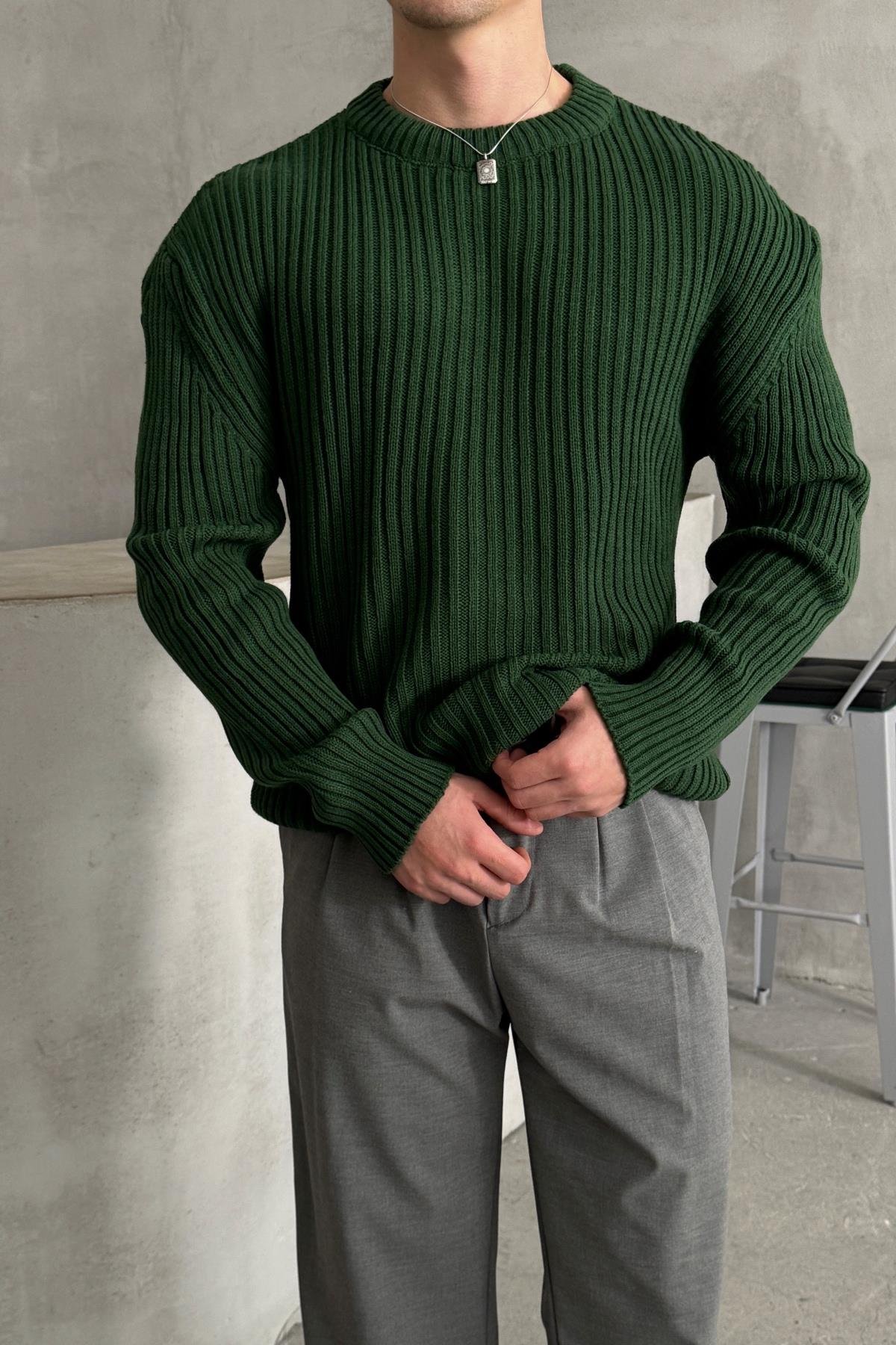 Erkek Fitilli Örme Oversize Kazak Koyu Yeşil