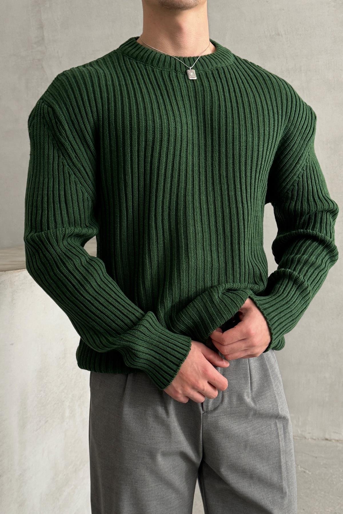 Erkek Fitilli Örme Oversize Kazak Koyu Yeşil