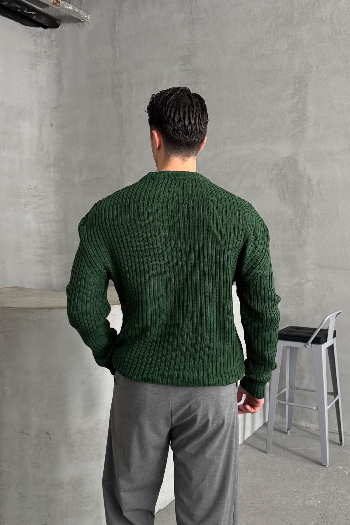 Erkek Fitilli Örme Oversize Kazak Koyu Yeşil