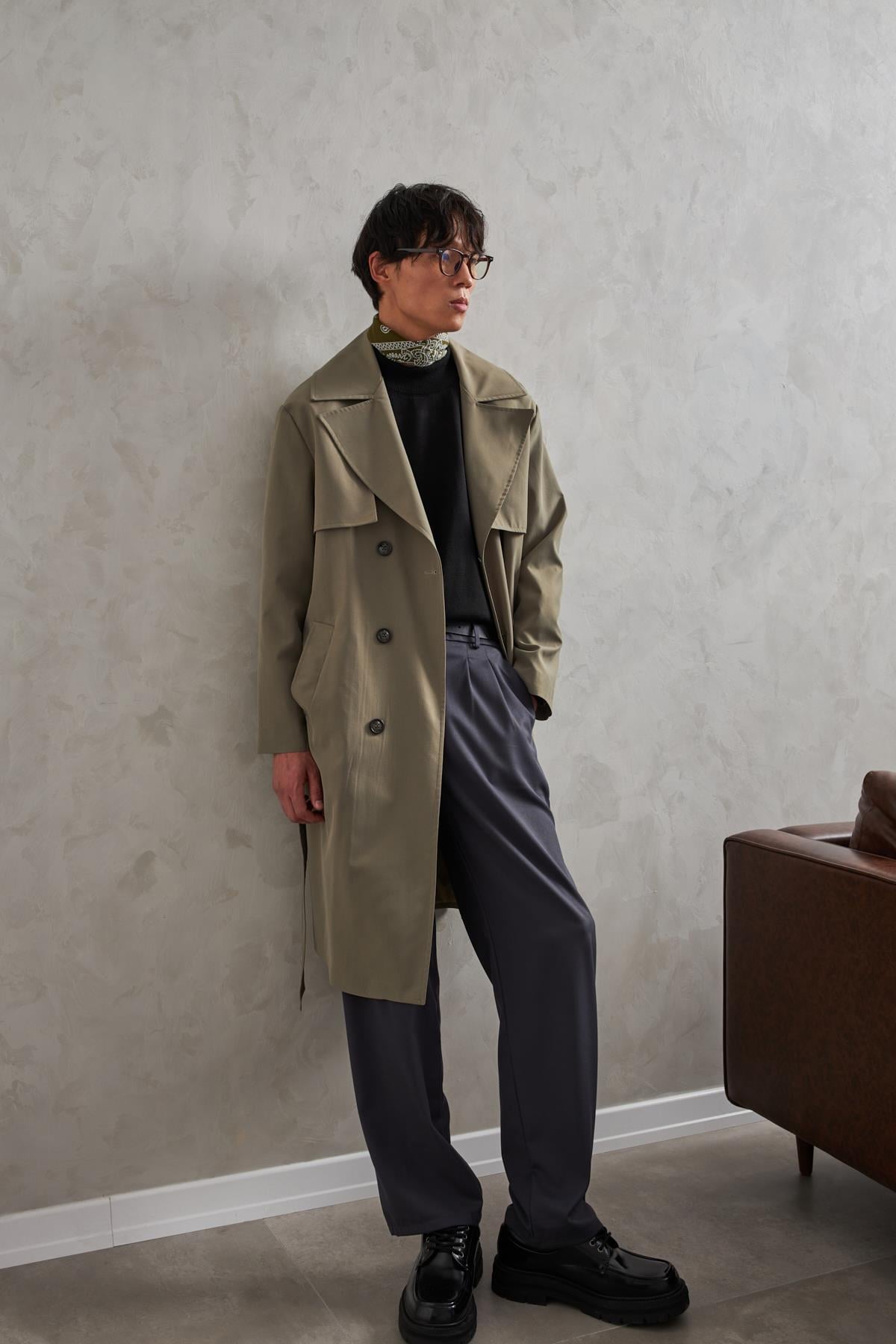 Erkek Kruvaze Yaka Oversize Trençkot Haki