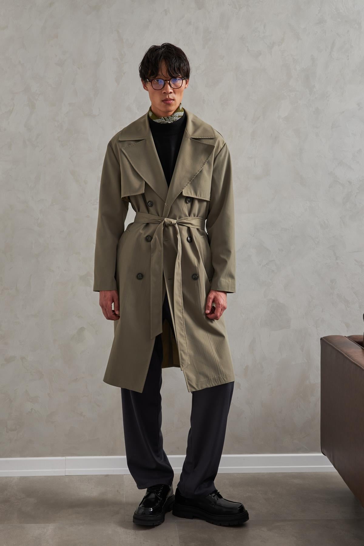 Erkek Kruvaze Yaka Oversize Trençkot Haki