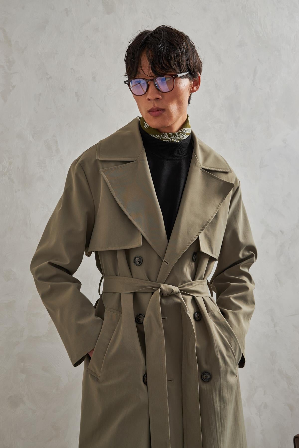 Erkek Kruvaze Yaka Oversize Trençkot Haki