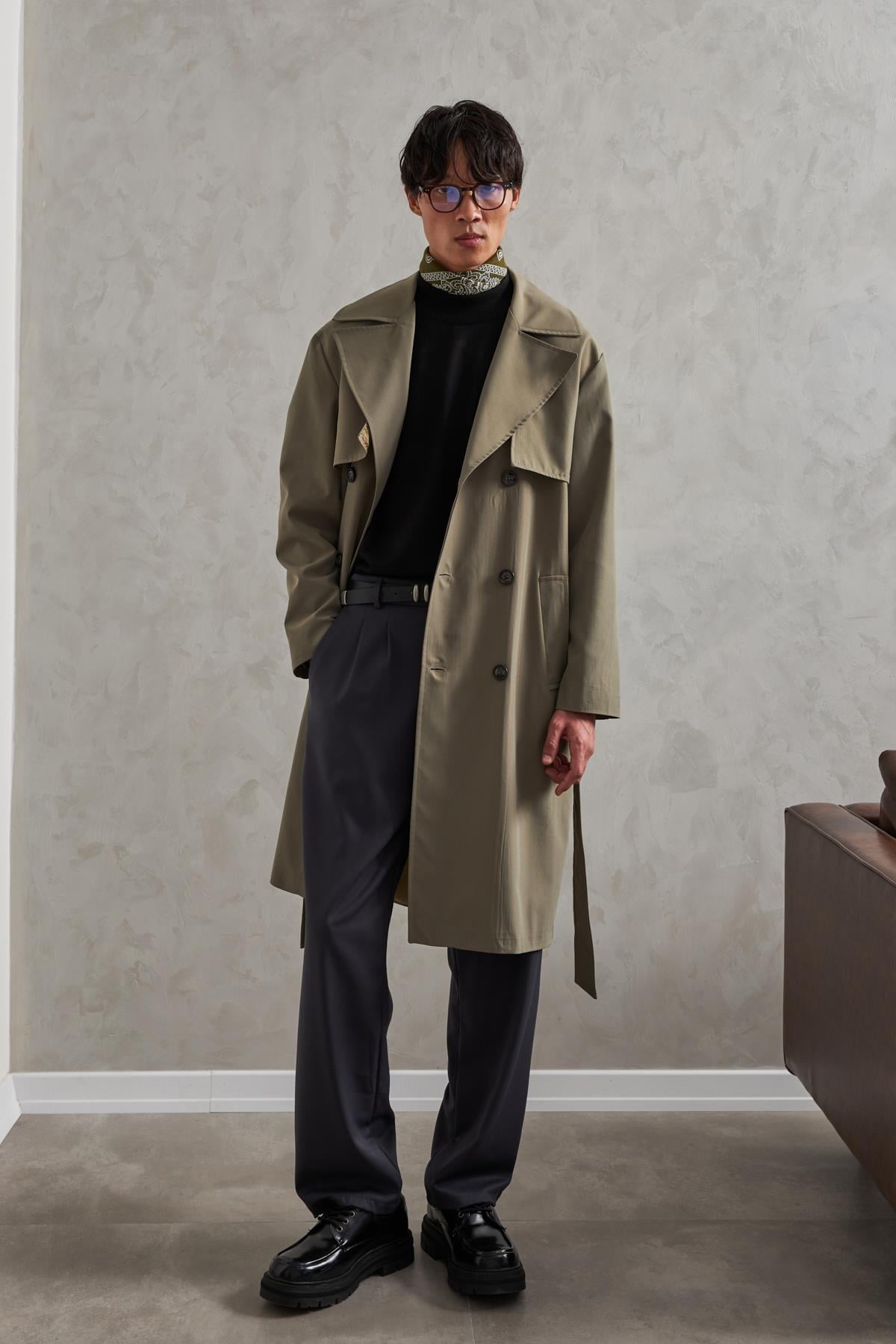 Erkek Kruvaze Yaka Oversize Trençkot Haki