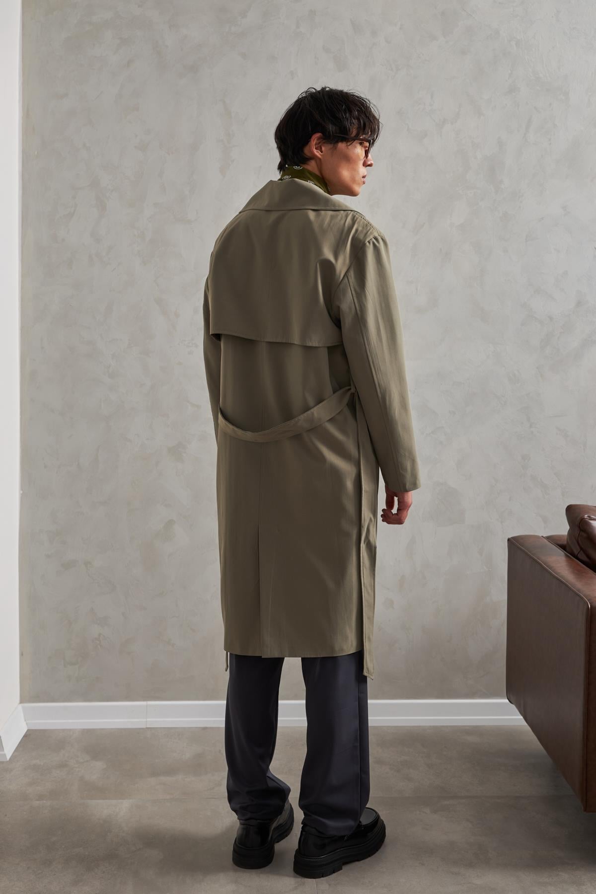 Erkek Kruvaze Yaka Oversize Trençkot Haki
