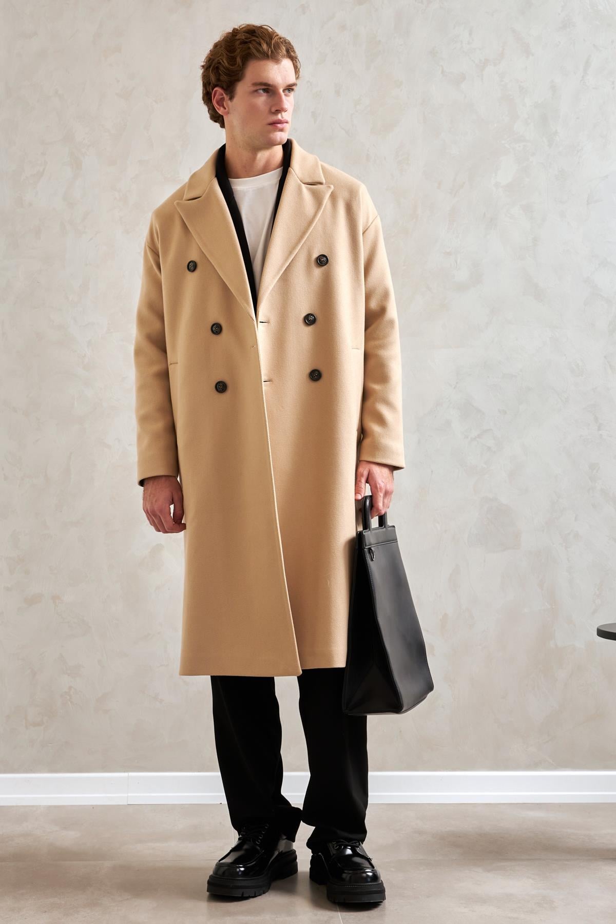 Erkek Oversize Astarlı Uzun Kaşe Kaban  Krem