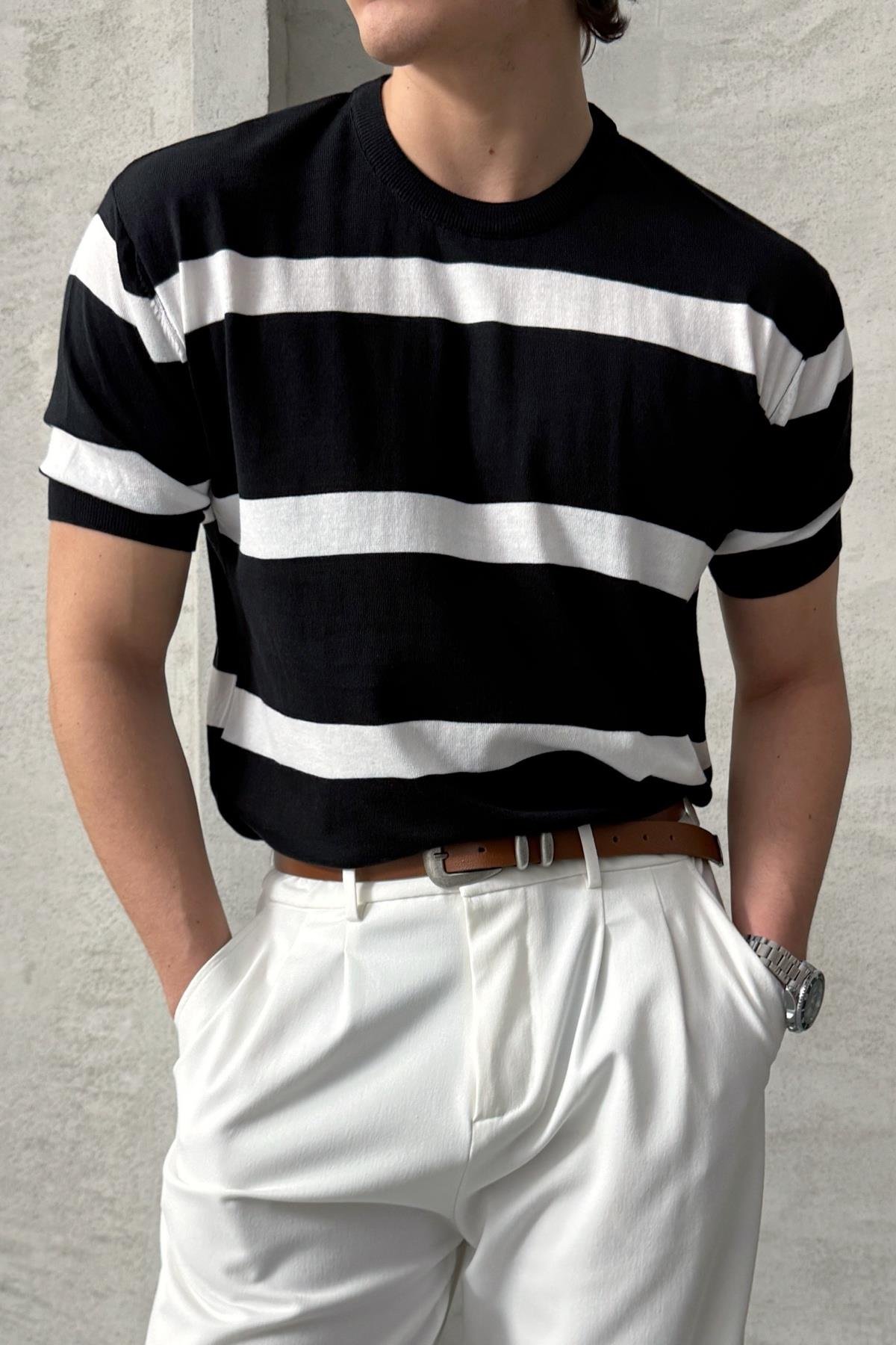 Erkek Oversize Bisiklet Yaka Çizgili Triko T-Shirt  Siyah