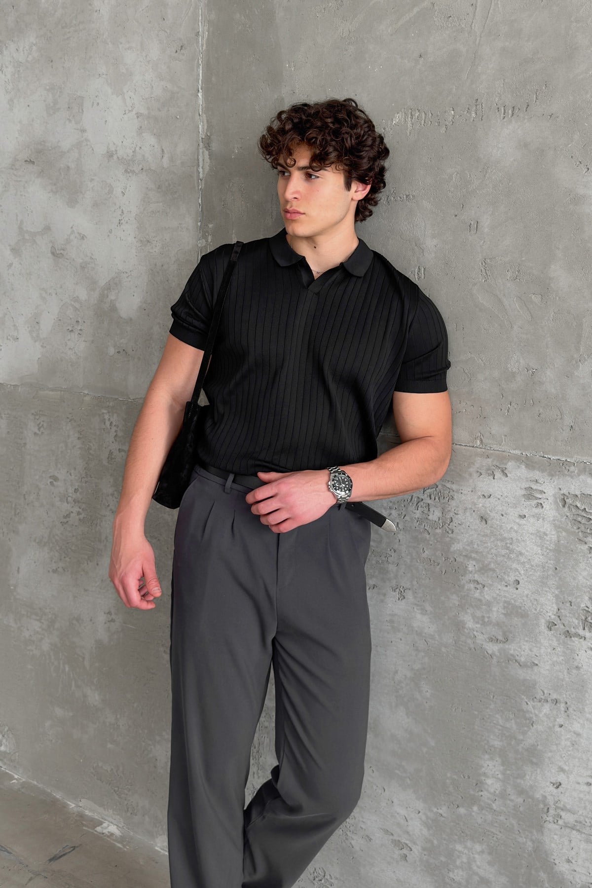 Erkek Oversize Fitilli Polo Yaka İnce Triko T-shirt Siyah