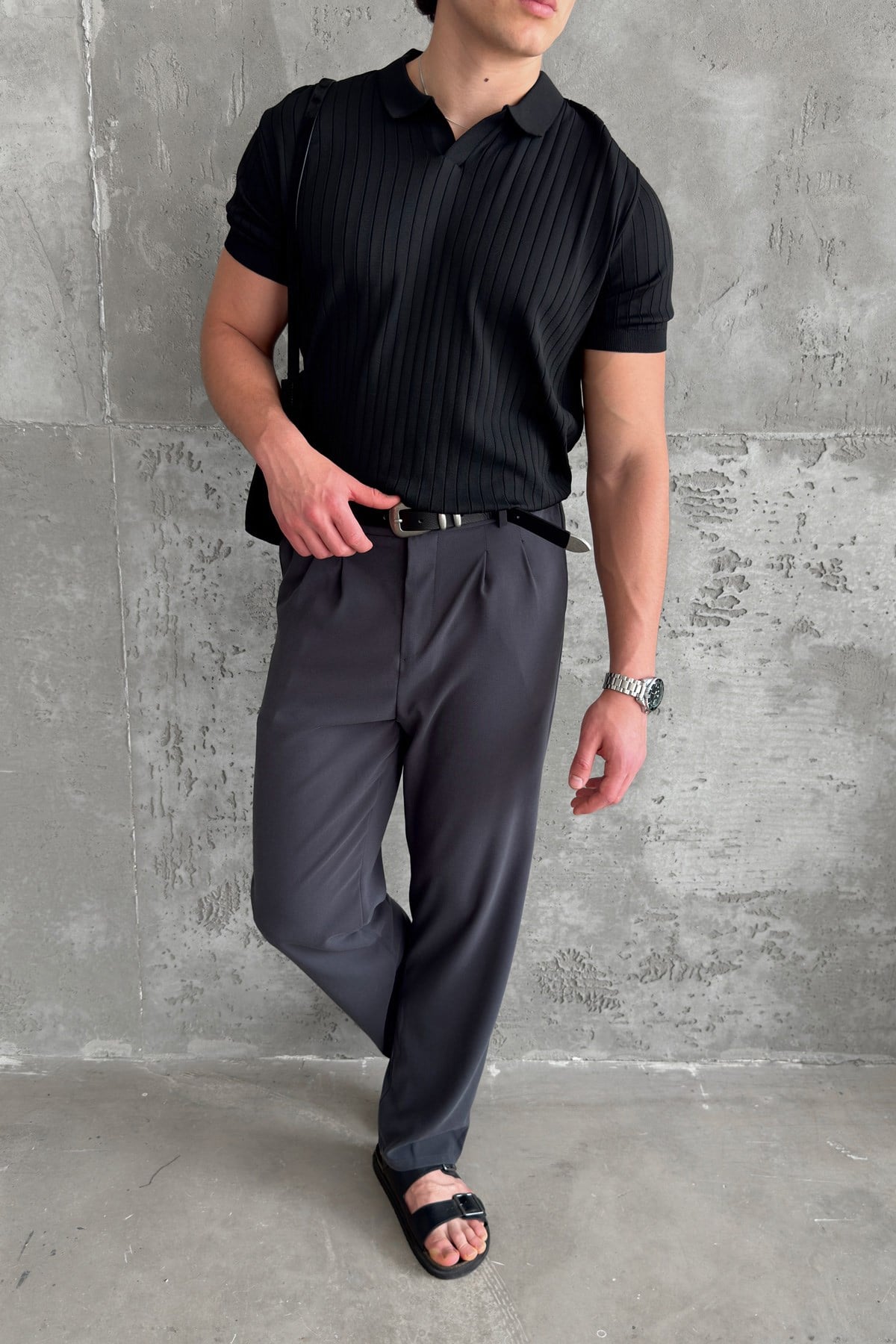 Erkek Oversize Fitilli Polo Yaka İnce Triko T-shirt Siyah