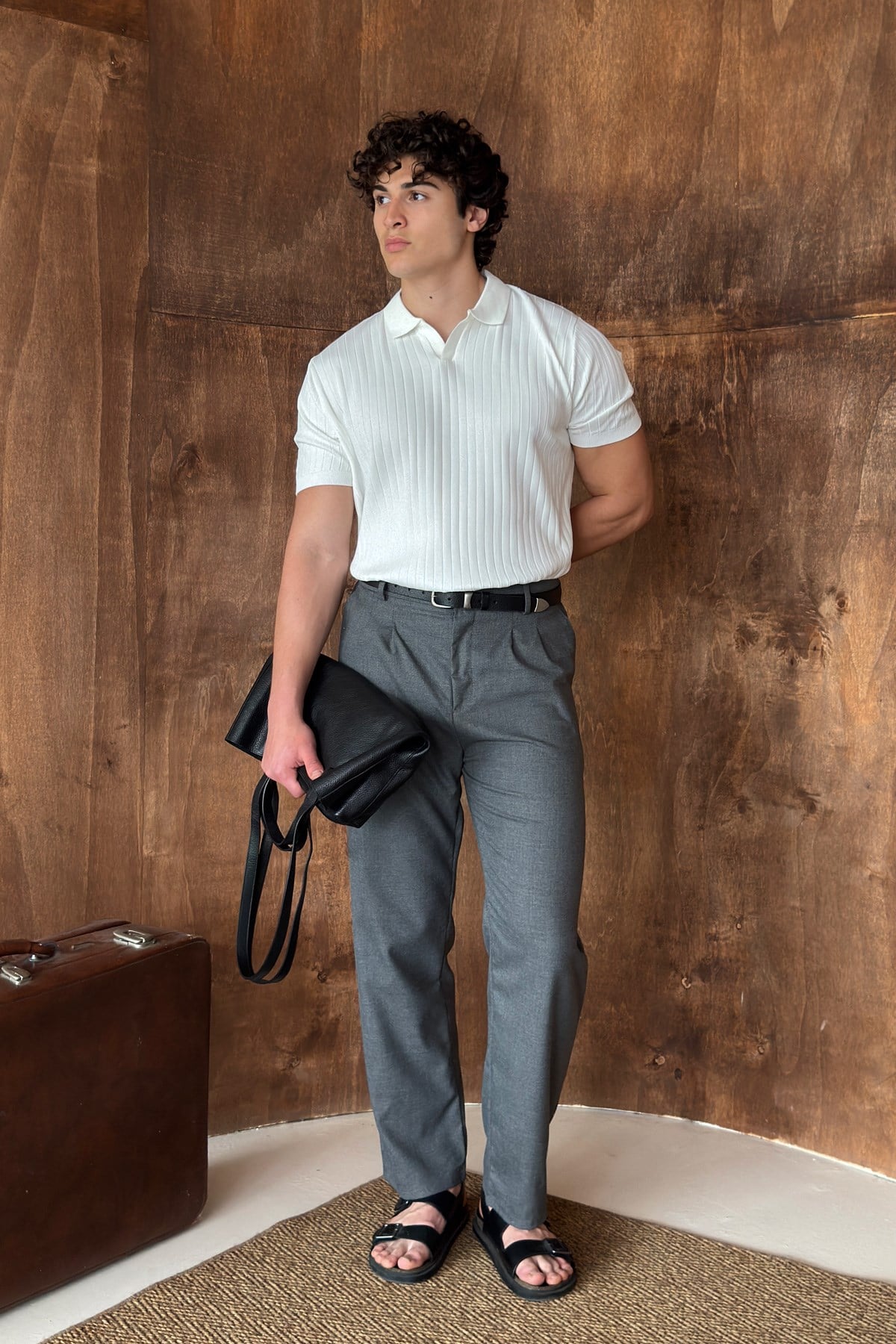 Erkek Oversize Fitilli Polo Yaka İnce Triko T-shirt Beyaz